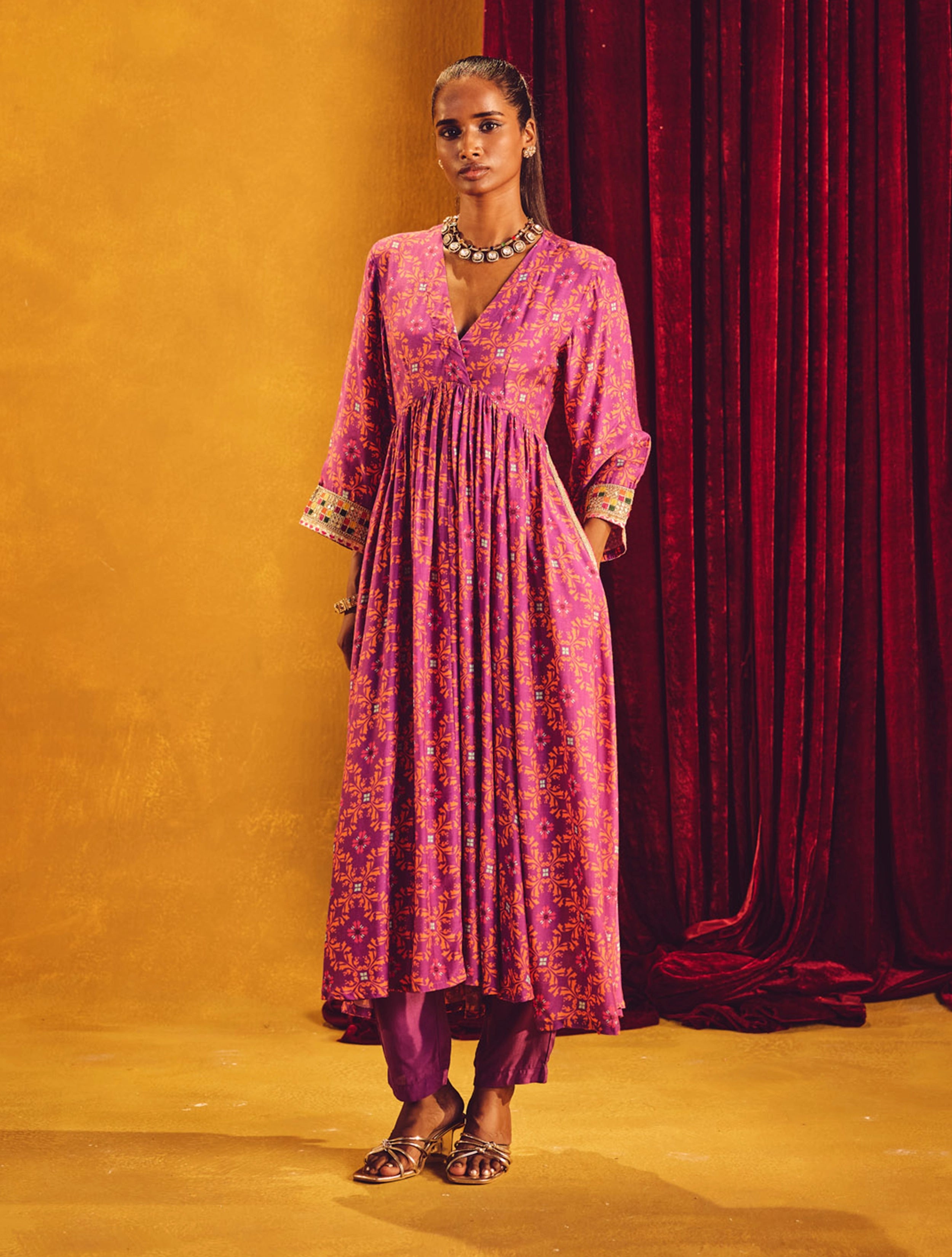 trueBrowns Purple Orange Jaal Print Viscose Anarkali High-Slit Kurta Set