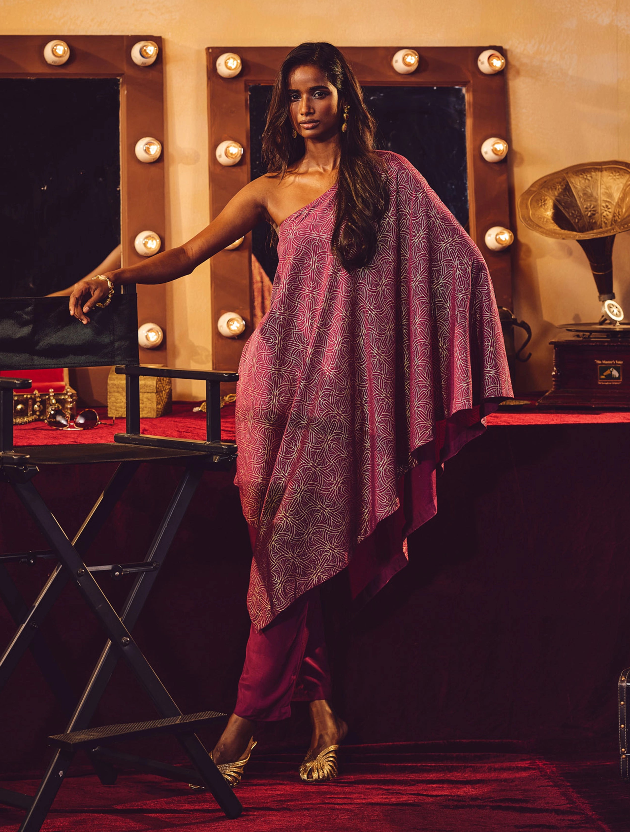 trueBrowns Magenta Gold Foil Print Muslin Silk Asymmetric One-Shoulder Kurta Co-ord Set