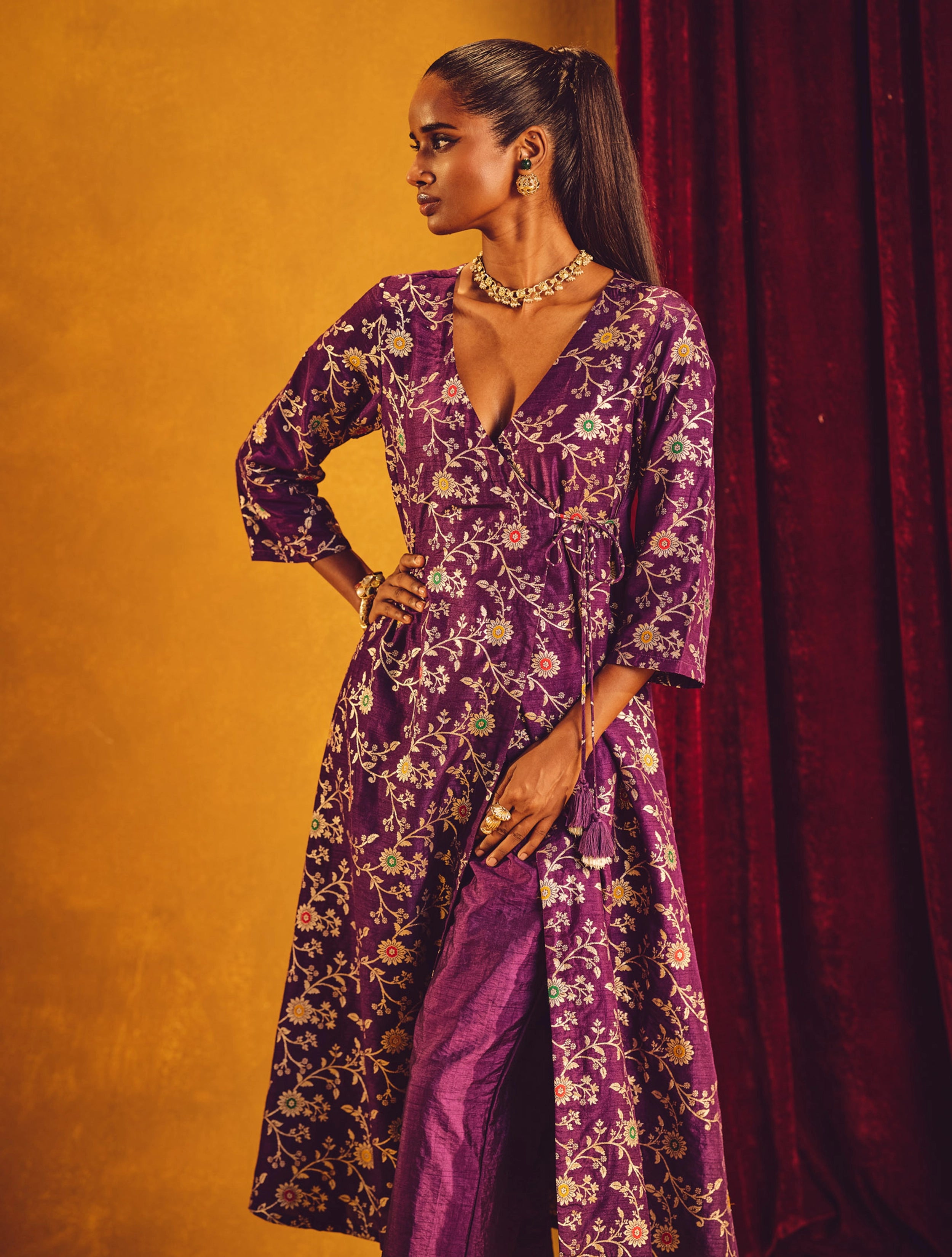 trueBrowns Purple Brocade Angrakha Kurta Set