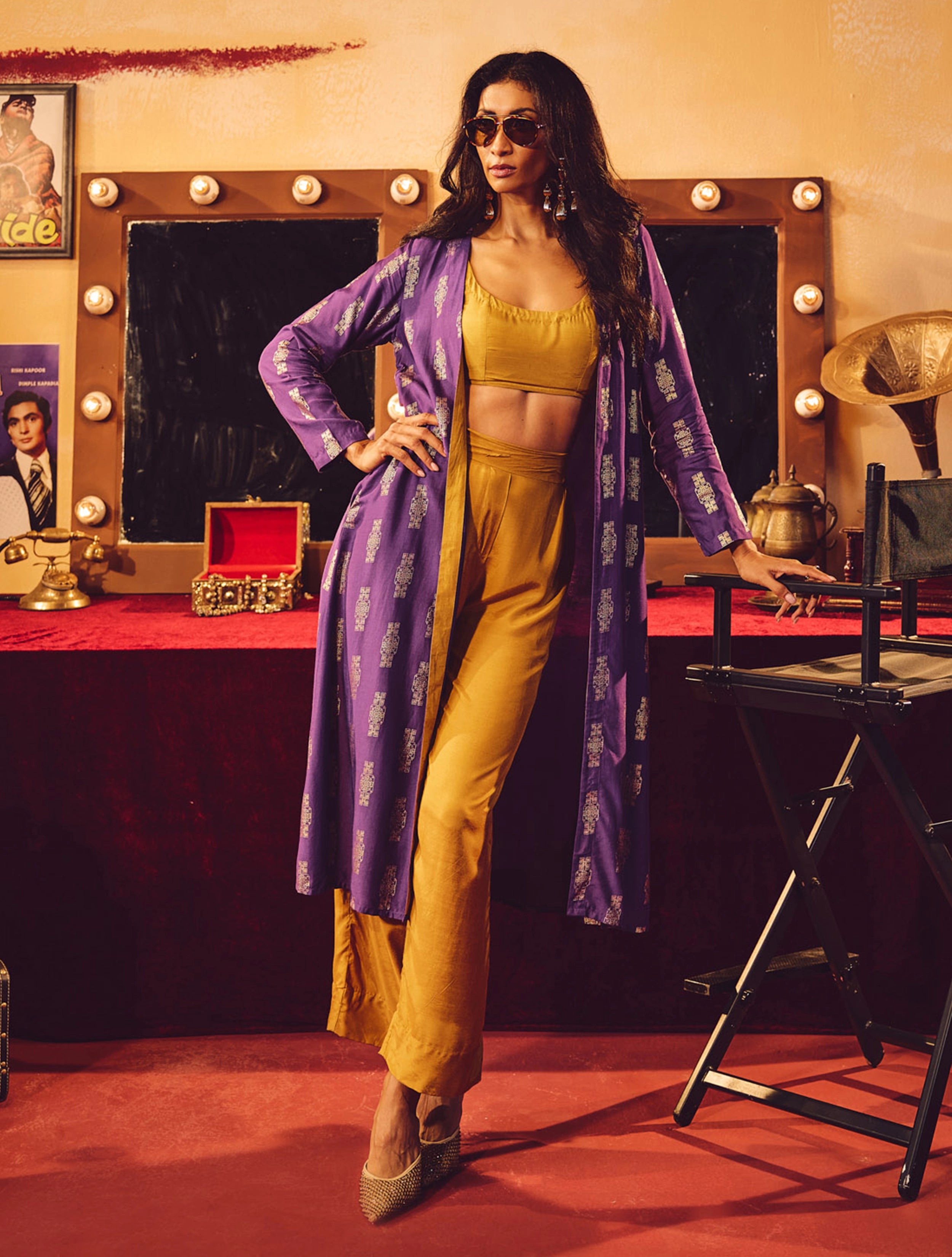 trueBrowns Mustard and Purple Gold Foil Print Muslin Silk Jacket Set