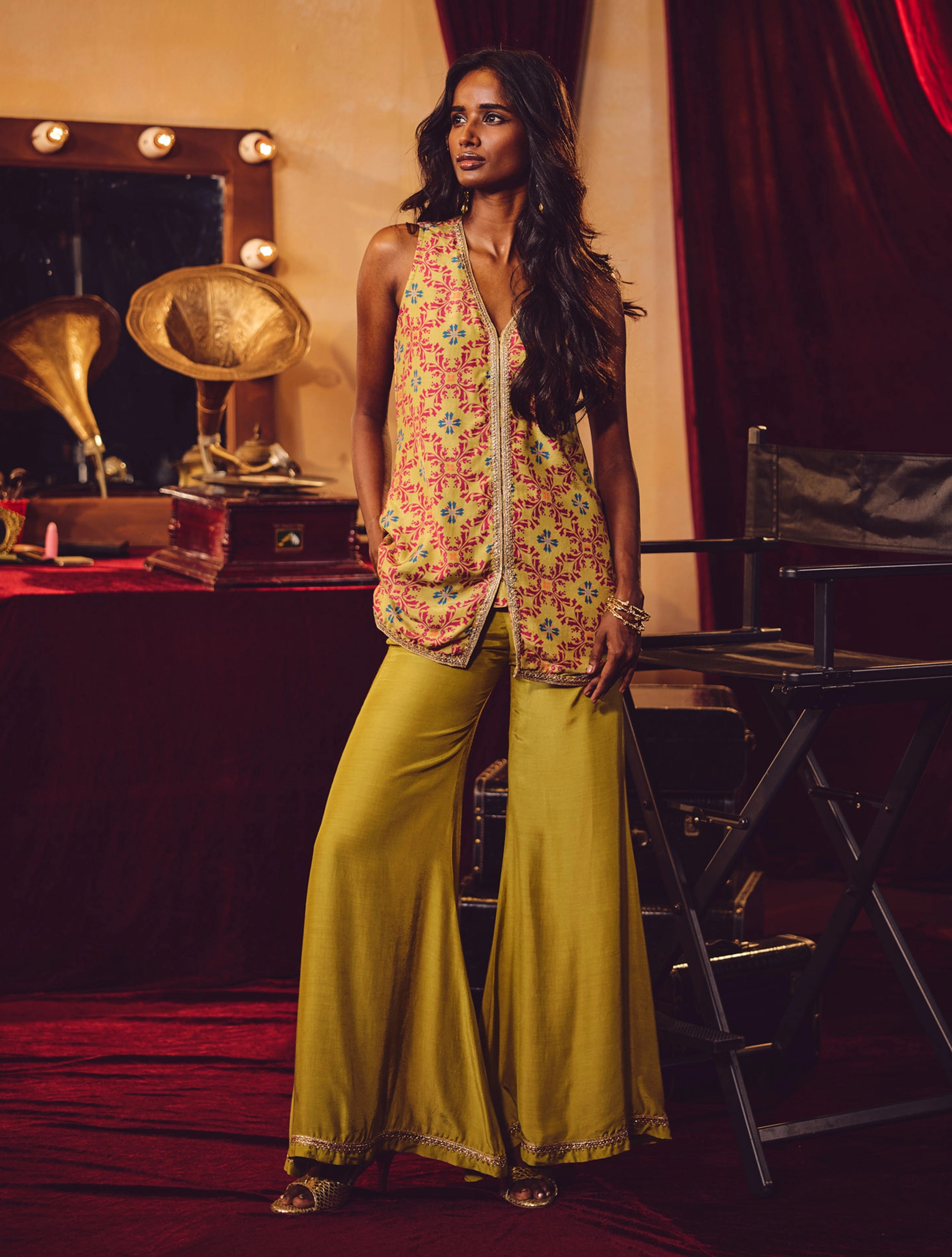 trueBrowns Light Green Pink Jaal Print Viscose Jacket and Flared Pants Co-ord Set