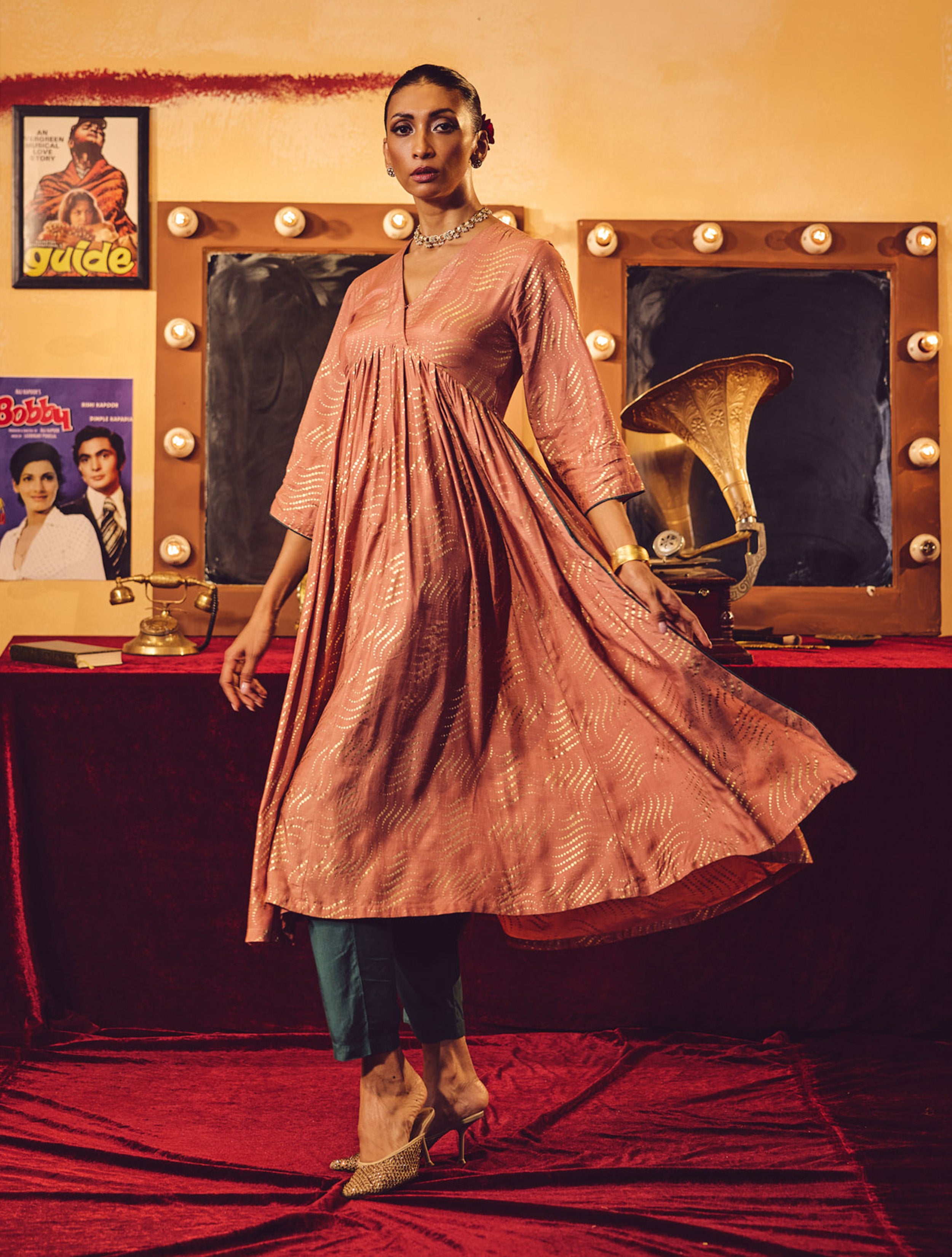 trueBrowns Peach Gold Foil Print Muslin Silk Anarkali High-Slit Kurta Set