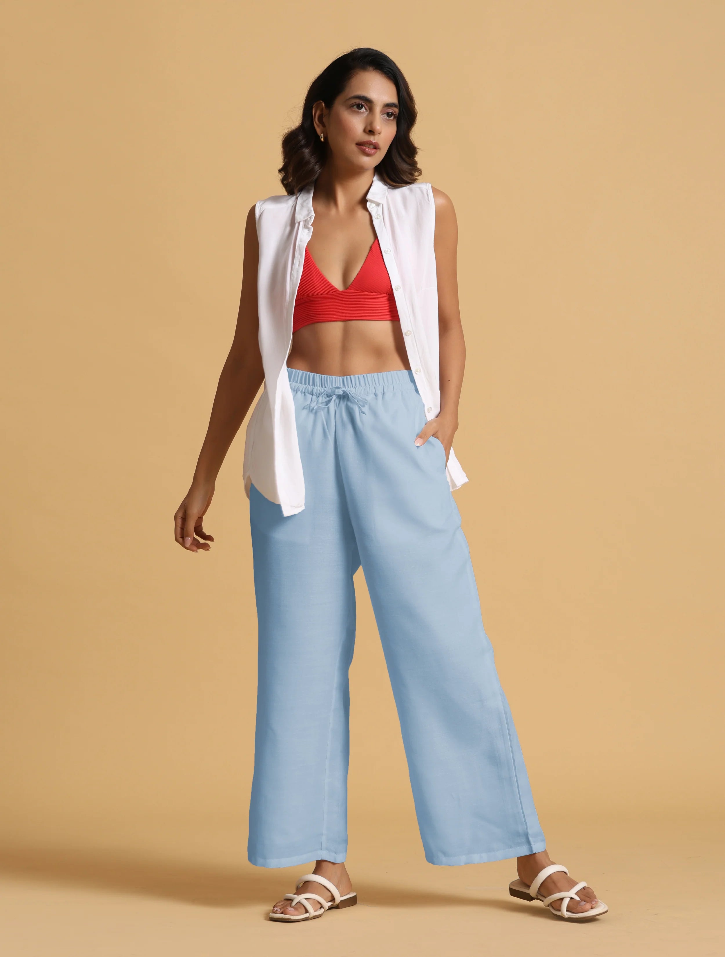 trueBrowns Light Blue Cotton Blend Straight Drawstring Pants