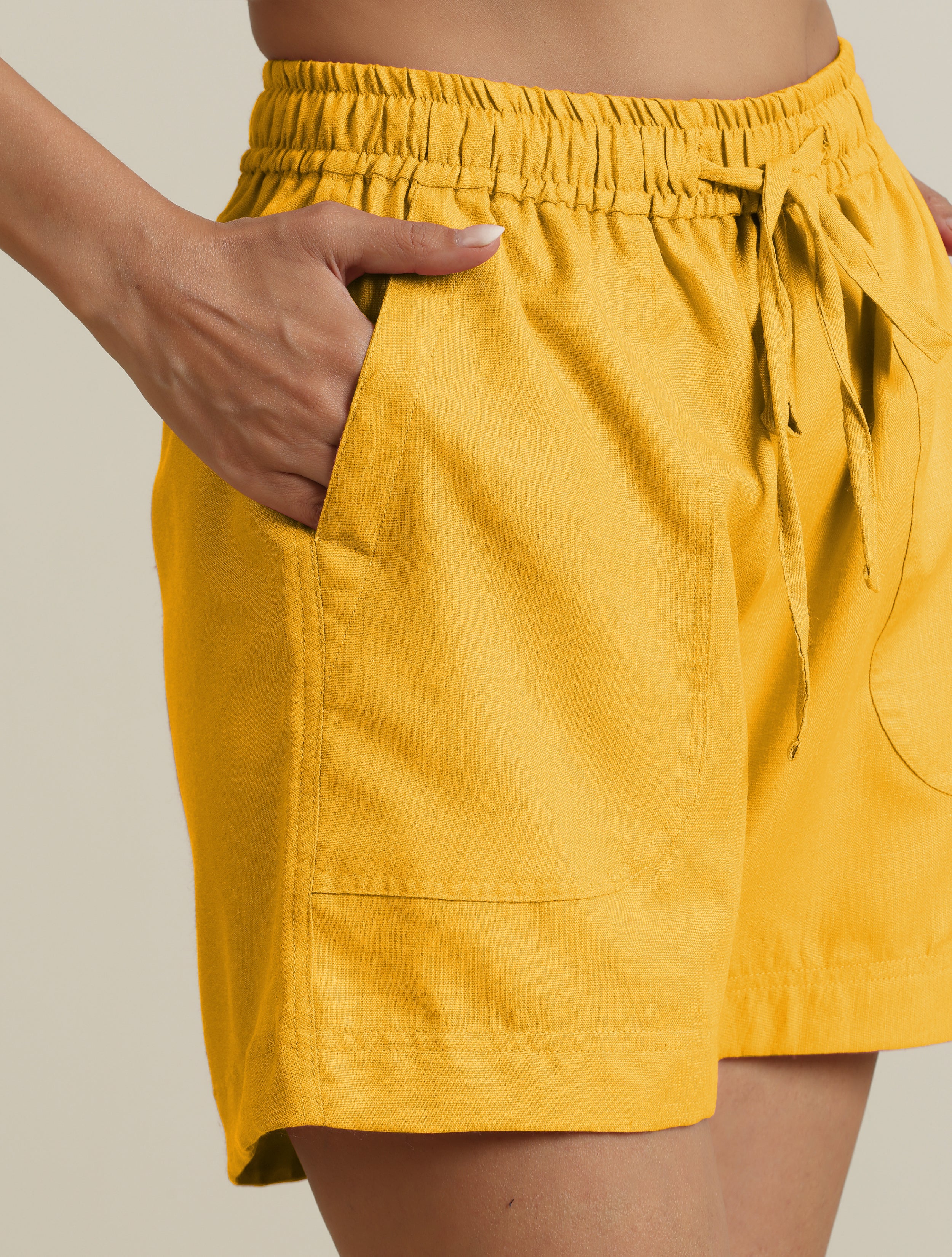 trueBrowns Yellow Cotton Blend Shorts With Drawstring
