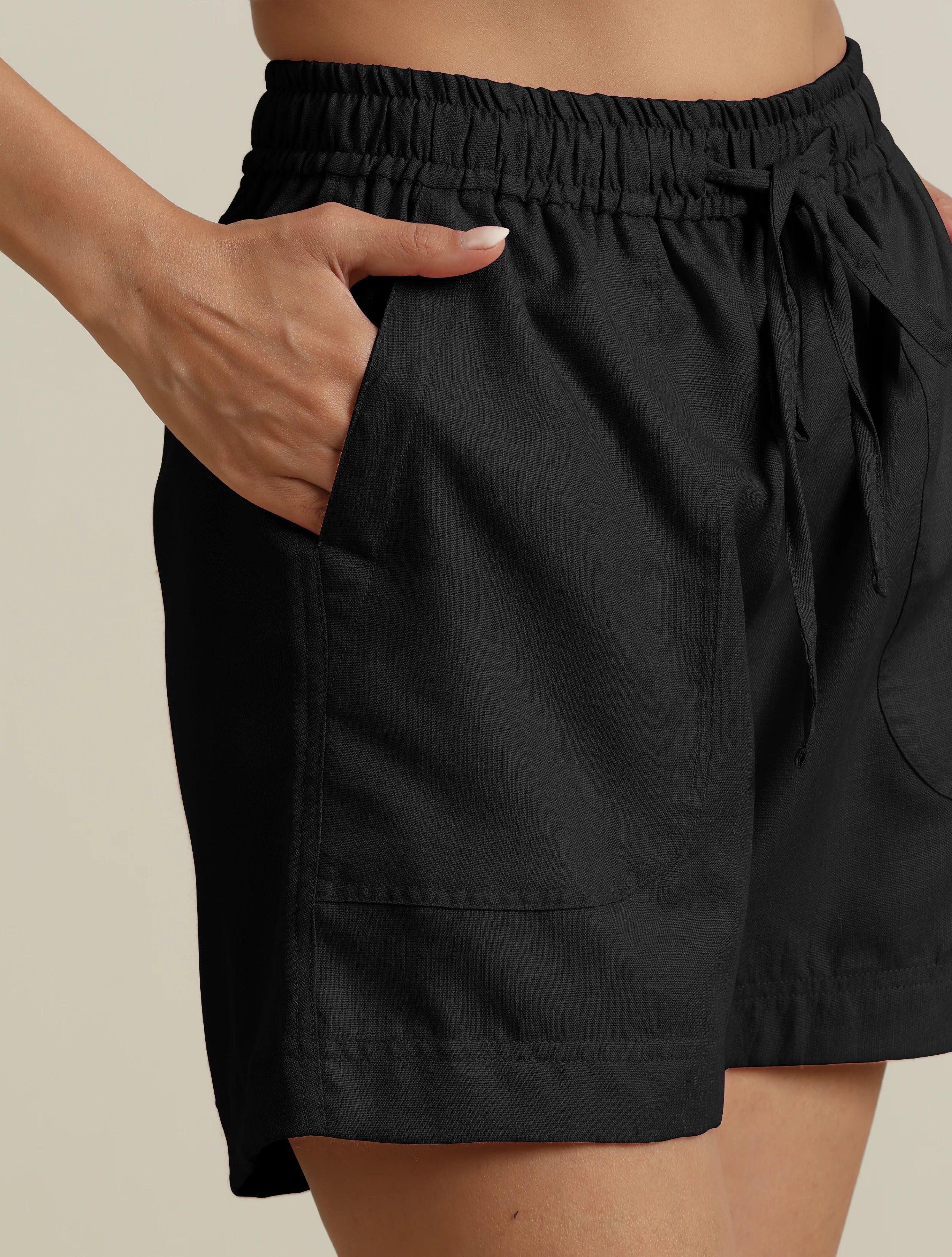 trueBrowns Black Cotton Blend Shorts With Drawstring