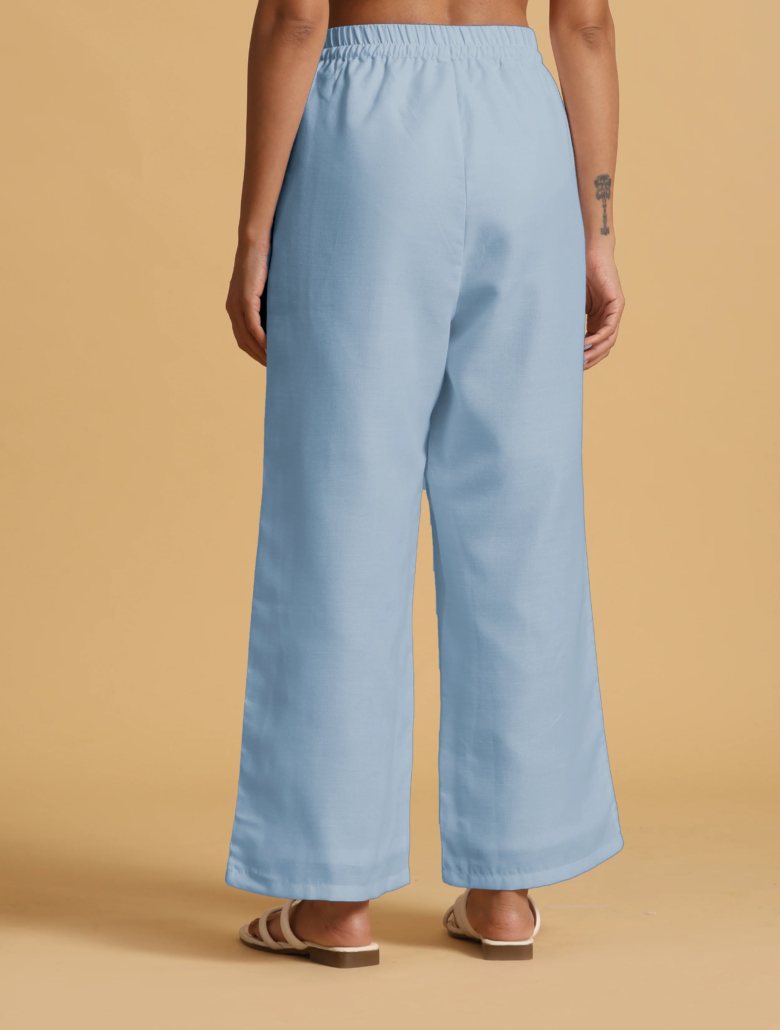 trueBrowns Light Blue Cotton Blend Straight Drawstring Pants