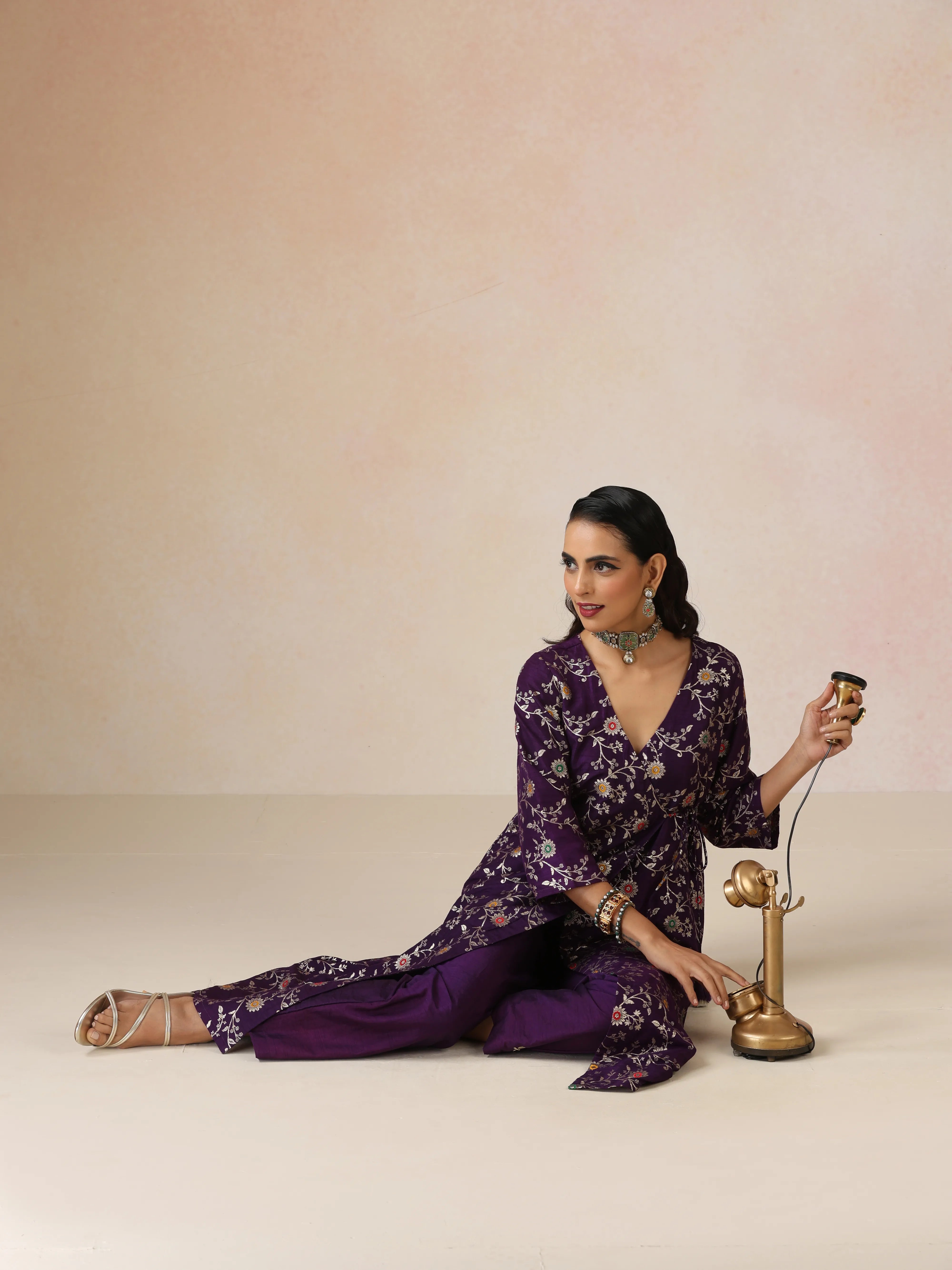trueBrowns Purple Brocade Angrakha Kurta Set