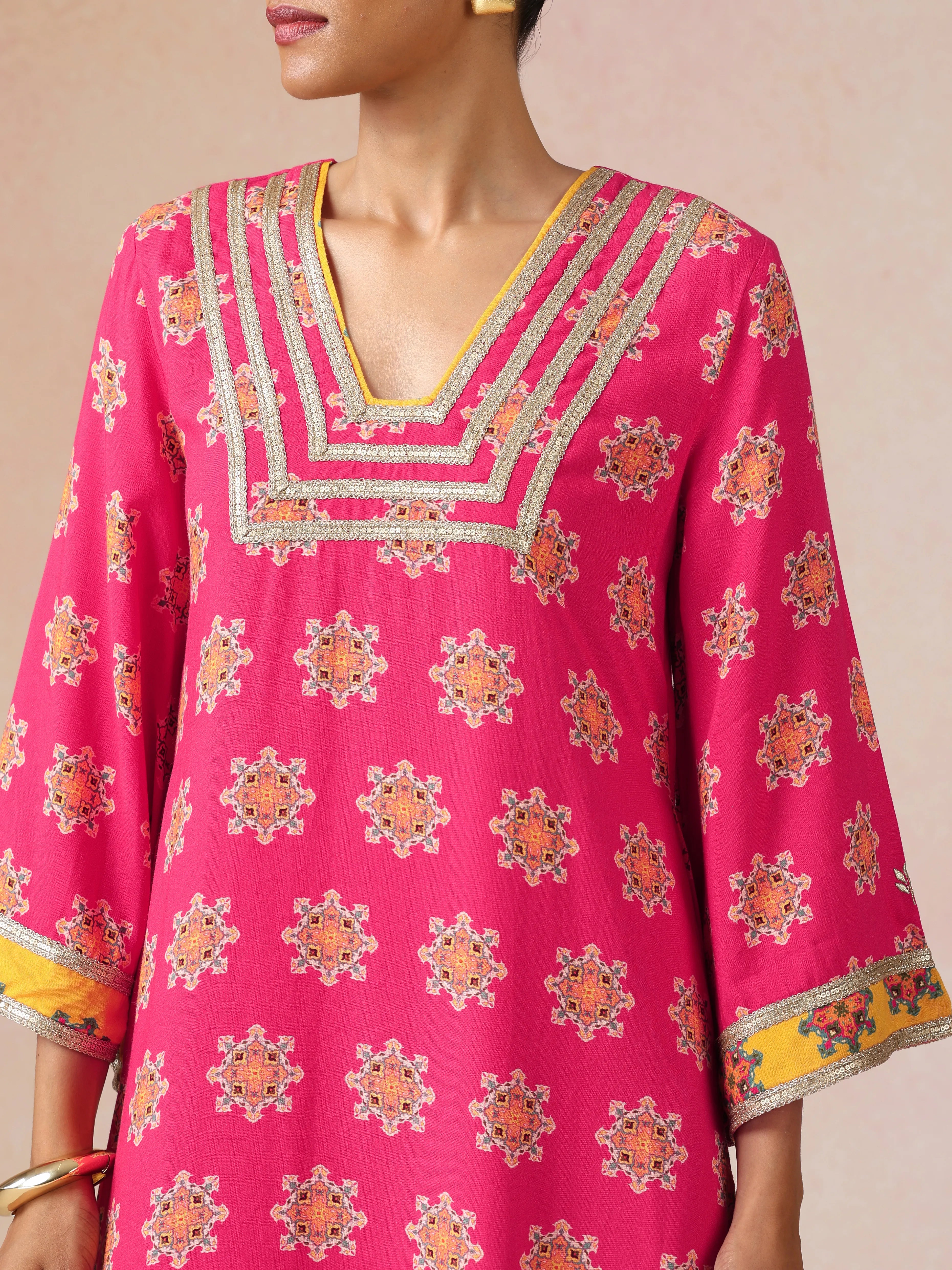 trueBrowns Pink Boota Print Viscose Straight Maxi Dress