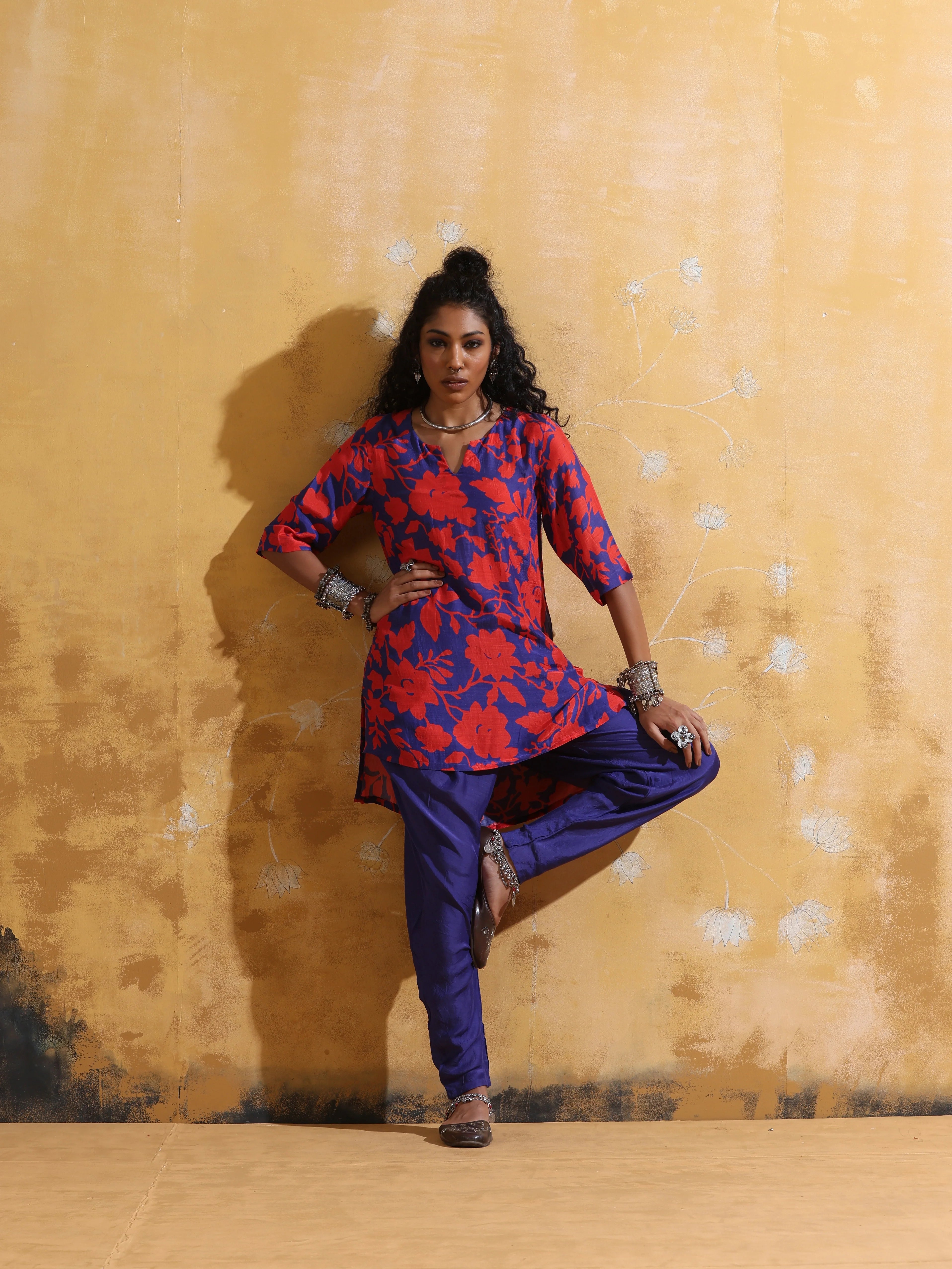 trueBrowns Purple Red Jaal Print Muslin Silk Dhoti Co-ord Set