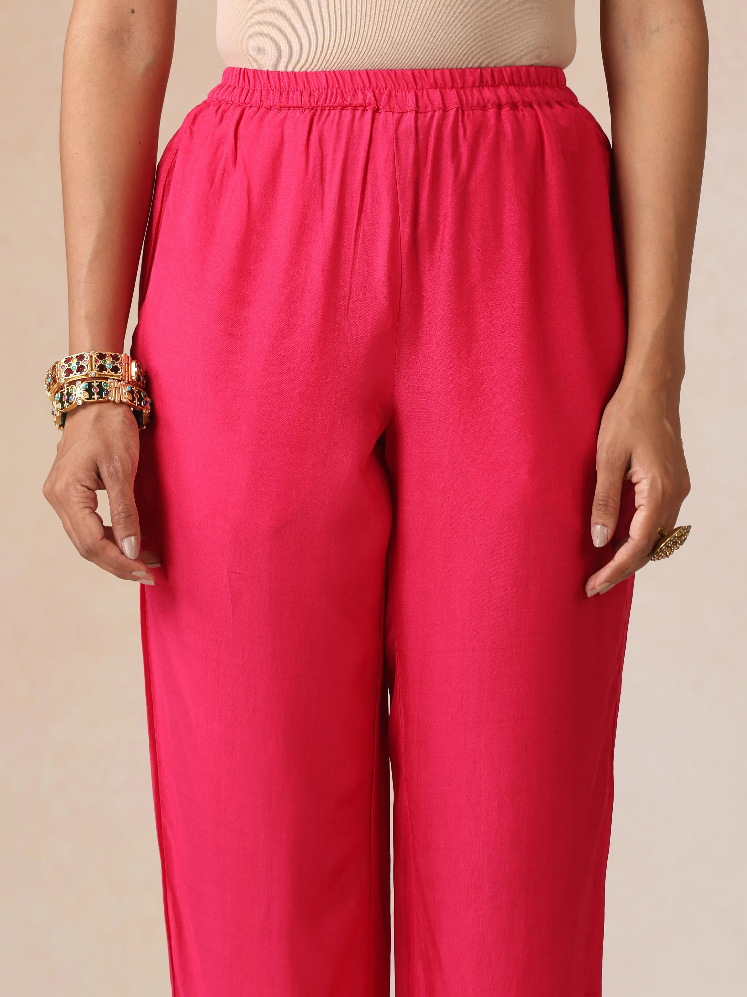 trueBrowns Pink Green Floral Print Viscose Anarkali Kurta Pants Dupatta Set