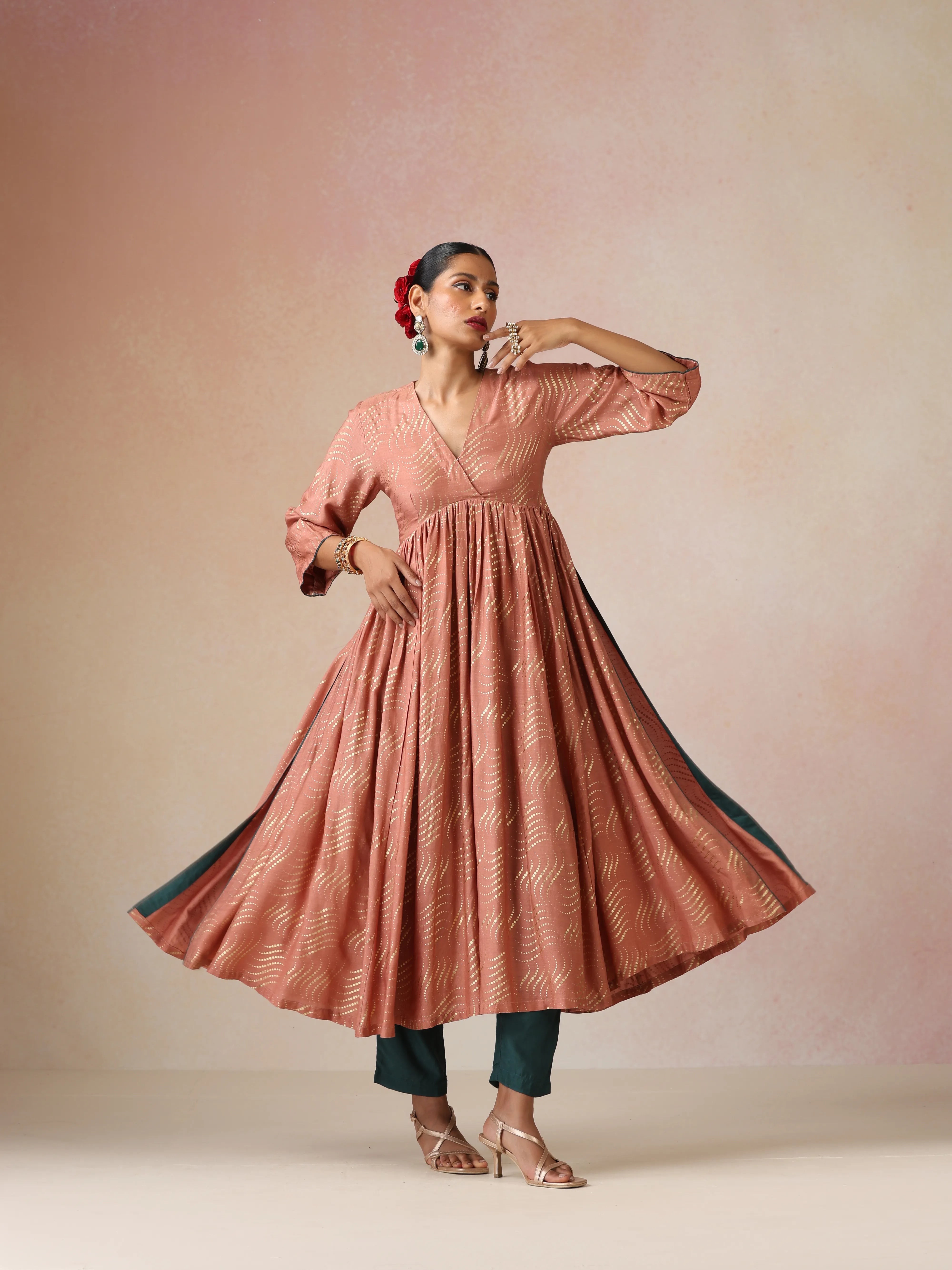 trueBrowns Peach Gold Foil Print Muslin Silk Anarkali High-Slit Kurta Set