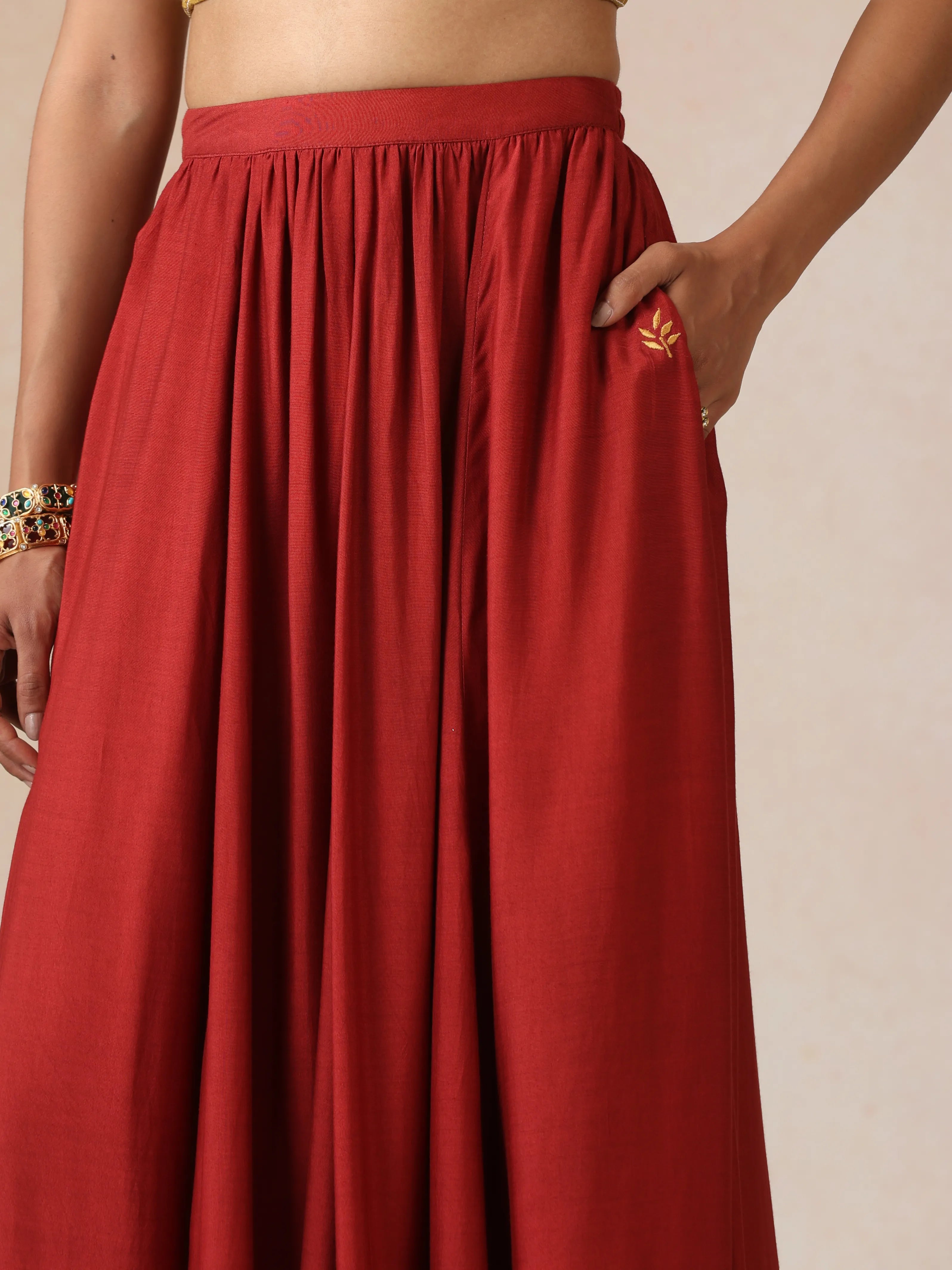 trueBrowns Mustard Gold Foil Print Muslin Silk Blouse Skirt Dupatta Set