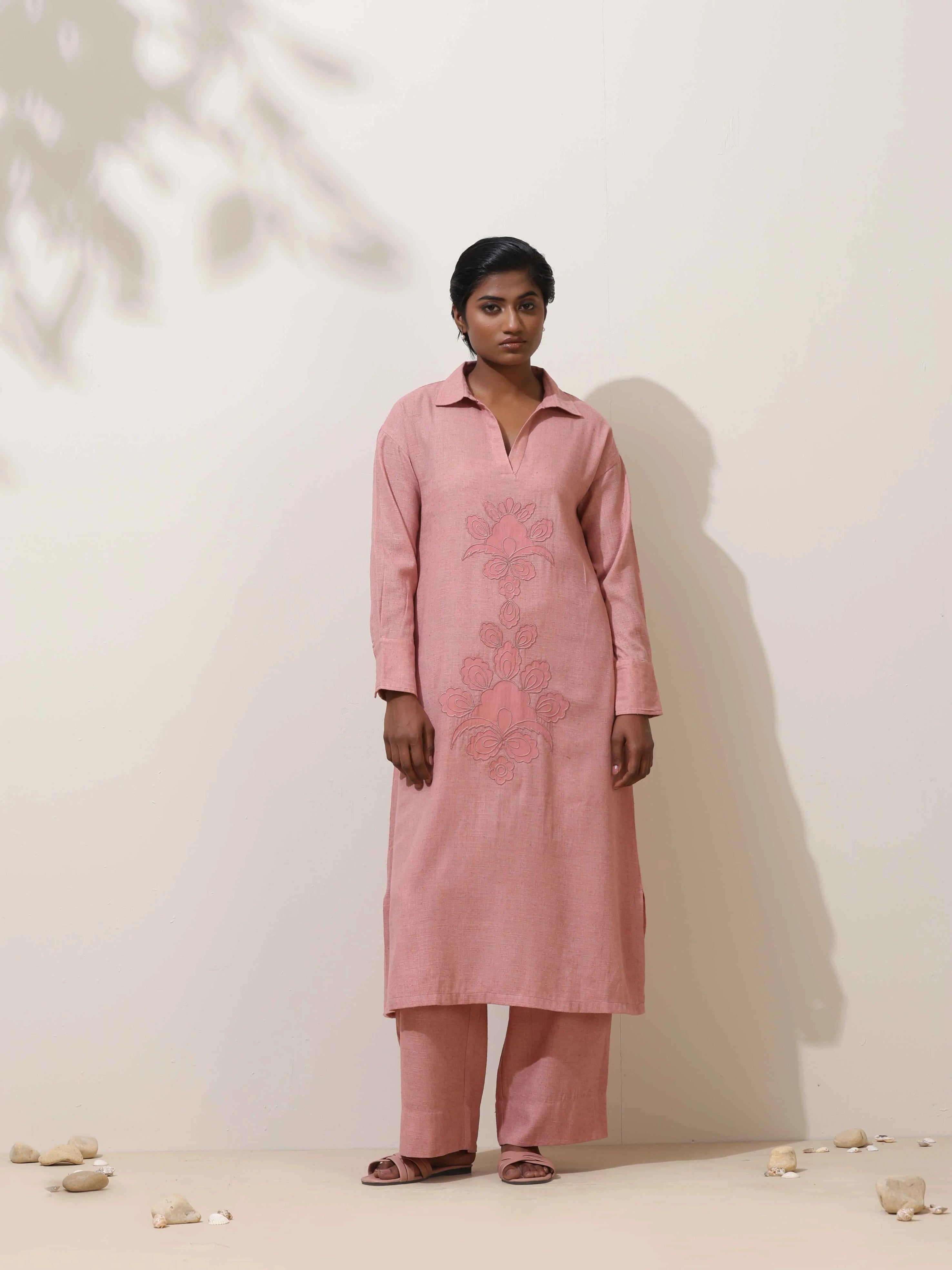 trueBrowns Dalia Pink Embroidered Natural Cotton Kurta Pant Set