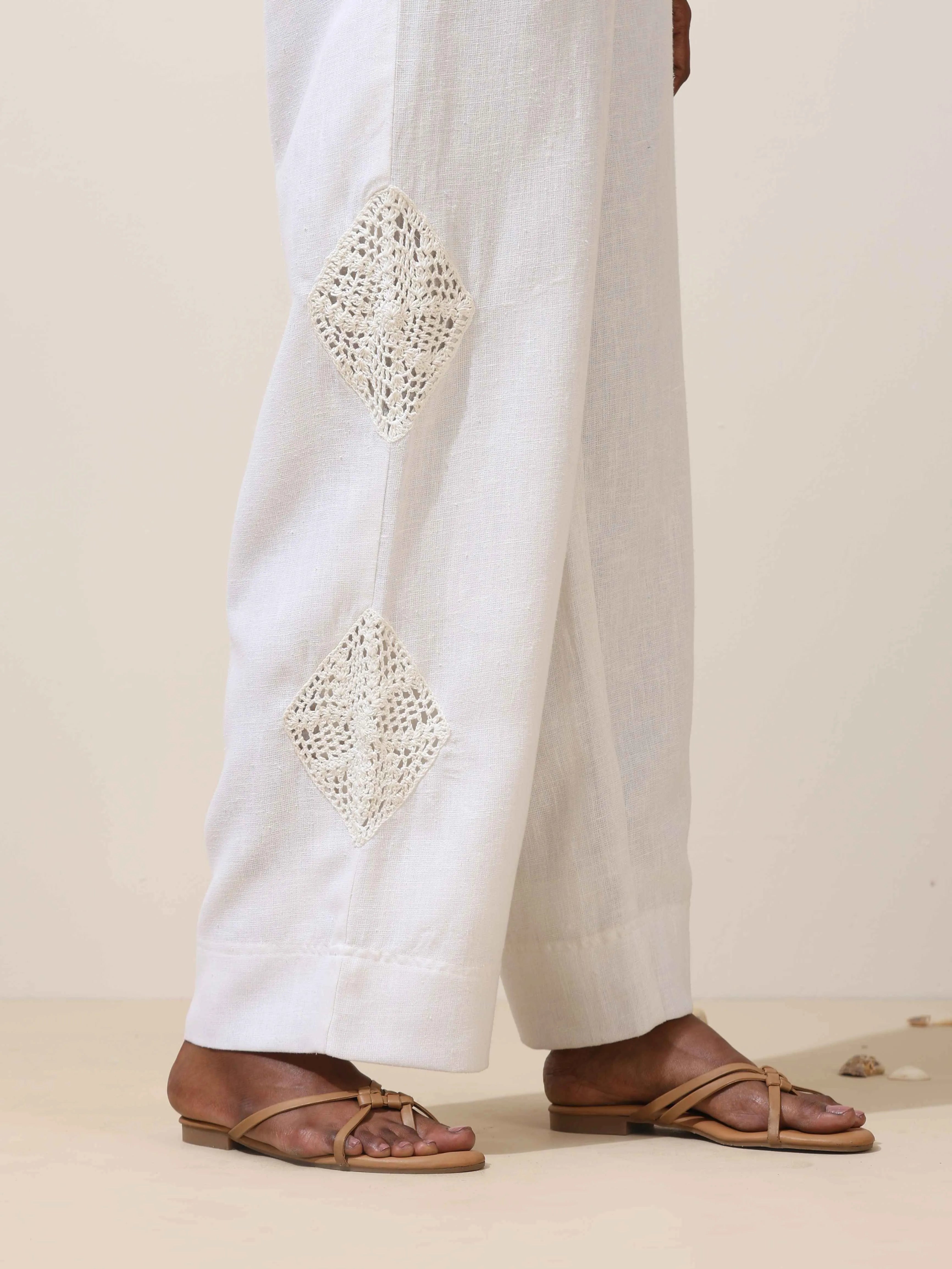 trueBrowns Indus White Crochet Natural Cotton Blazer Co-ord Set