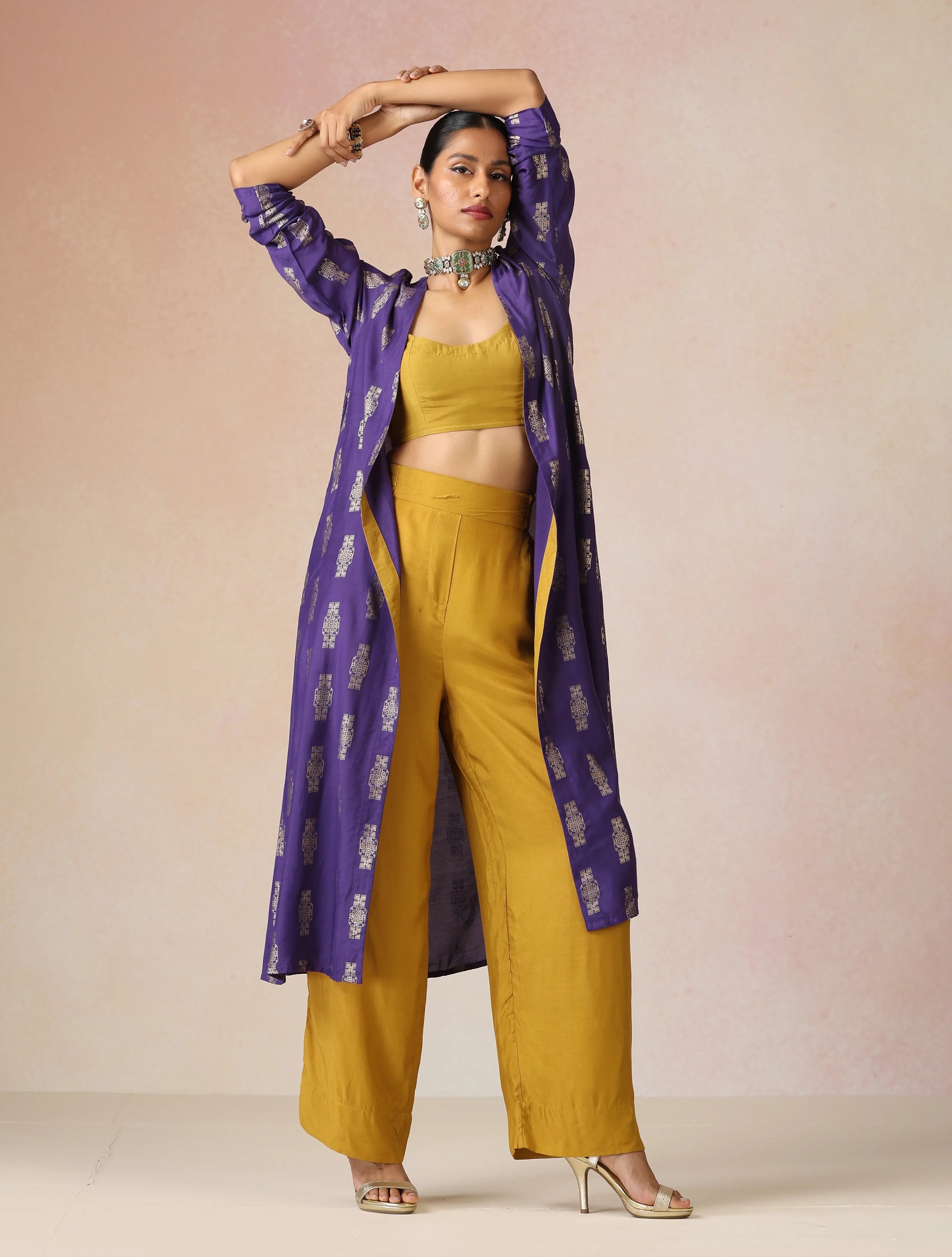 trueBrowns Mustard and Purple Gold Foil Print Muslin Silk Jacket Set