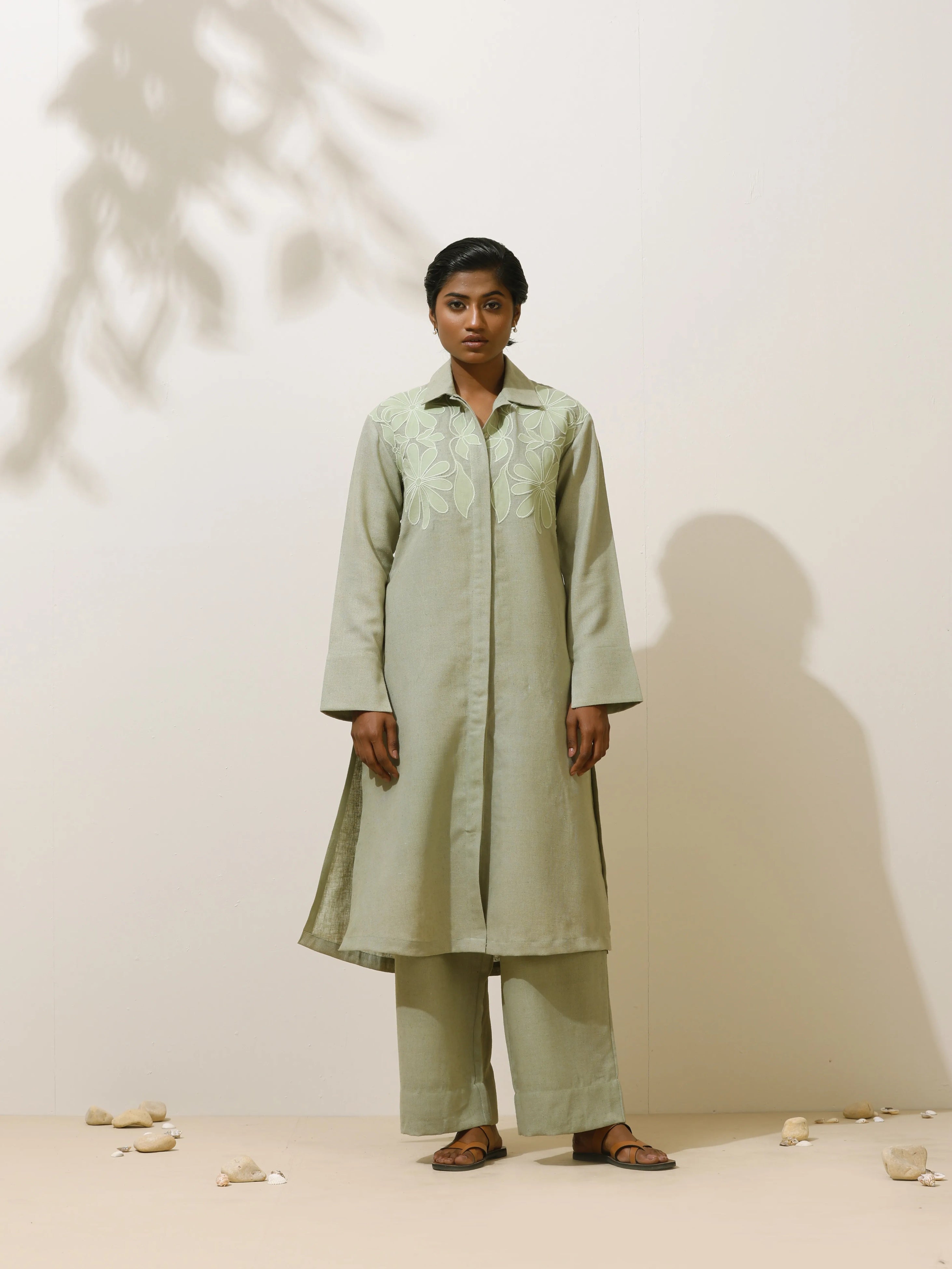 trueBrowns Clover Green Embroidered Natural Cotton Kurta Pant Set
