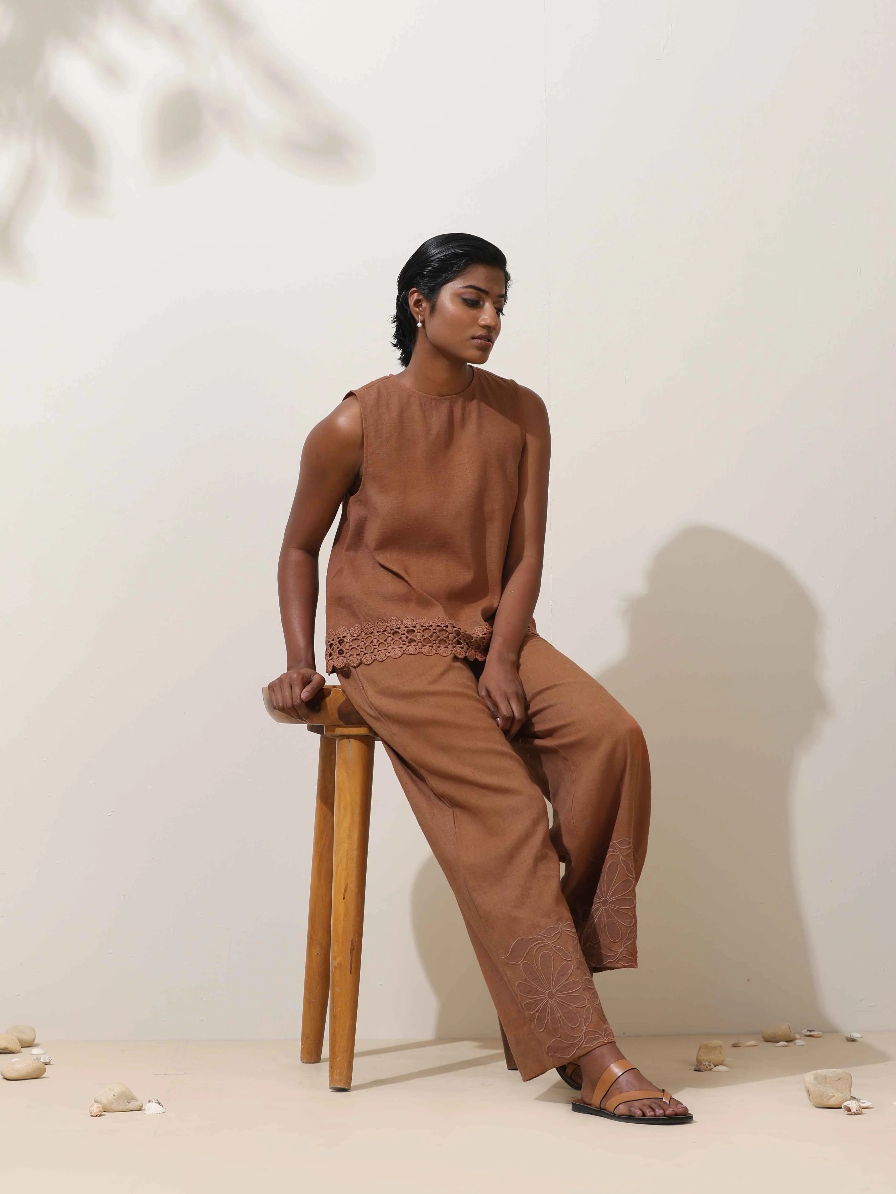 trueBrowns Oudh Brown Embroidered Natural Cotton Co-ord Set