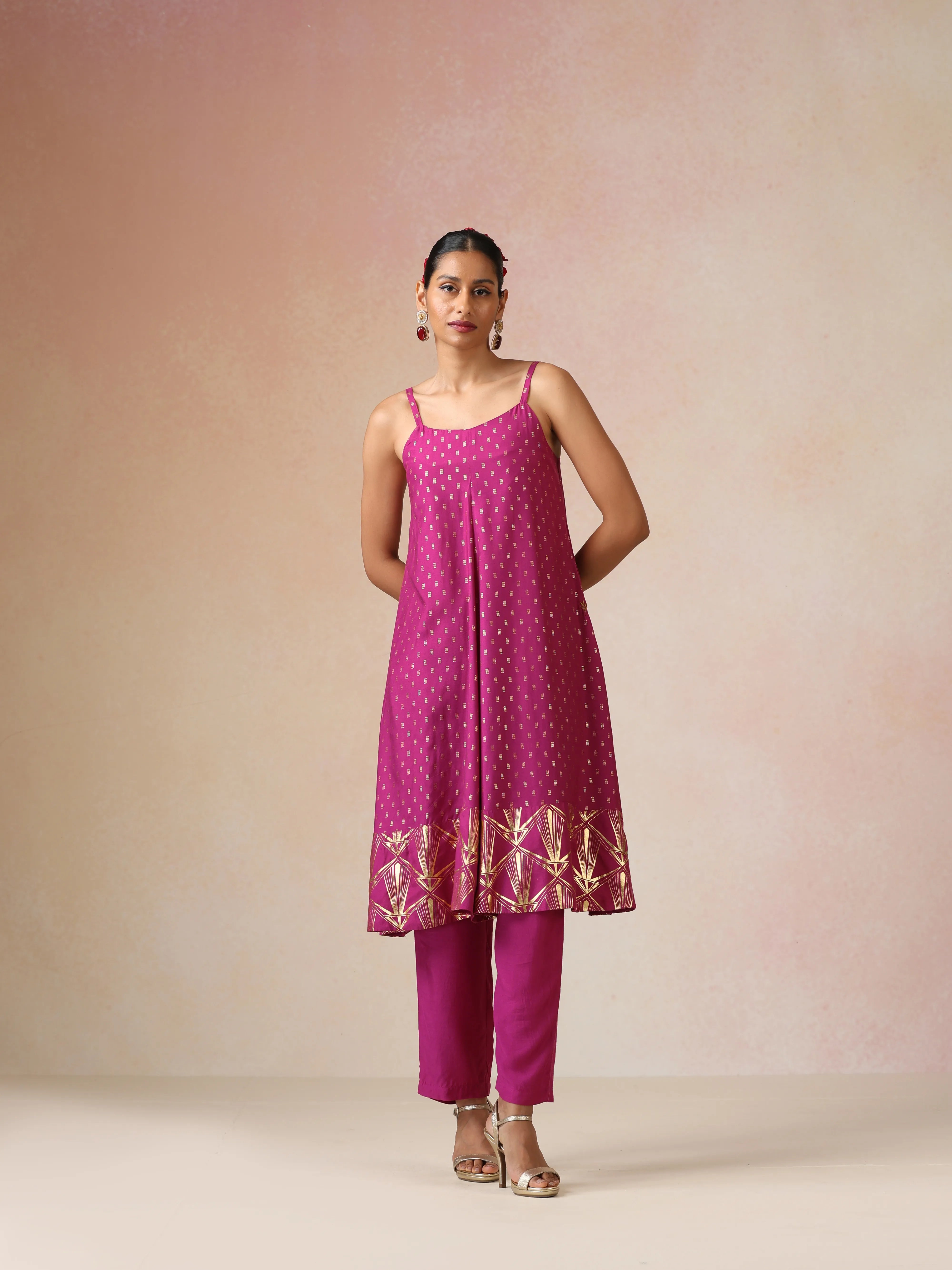 trueBrowns Pink Gold Foil Print Muslin Silk Flared Kurta Set