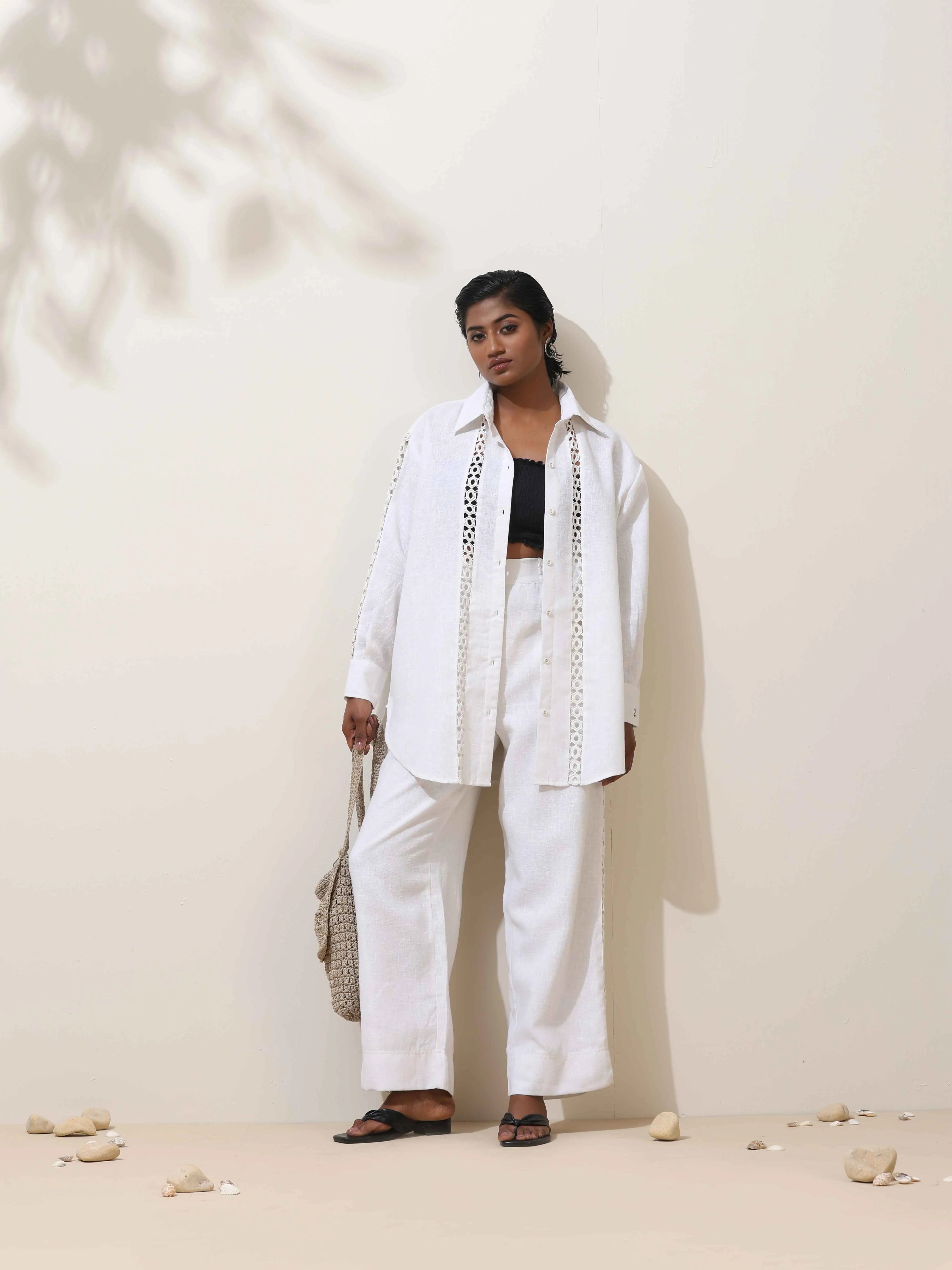 trueBrowns Attar White Crochet Natural Cotton Shirt Co-ord Set