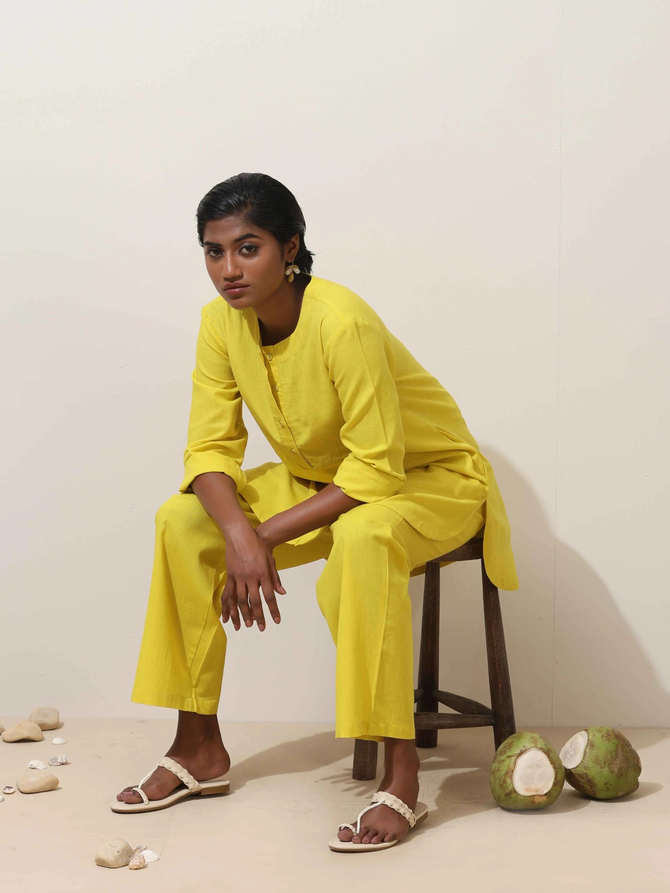 trueBrowns Lime Cotton Linen Kurta Co-Ord Set