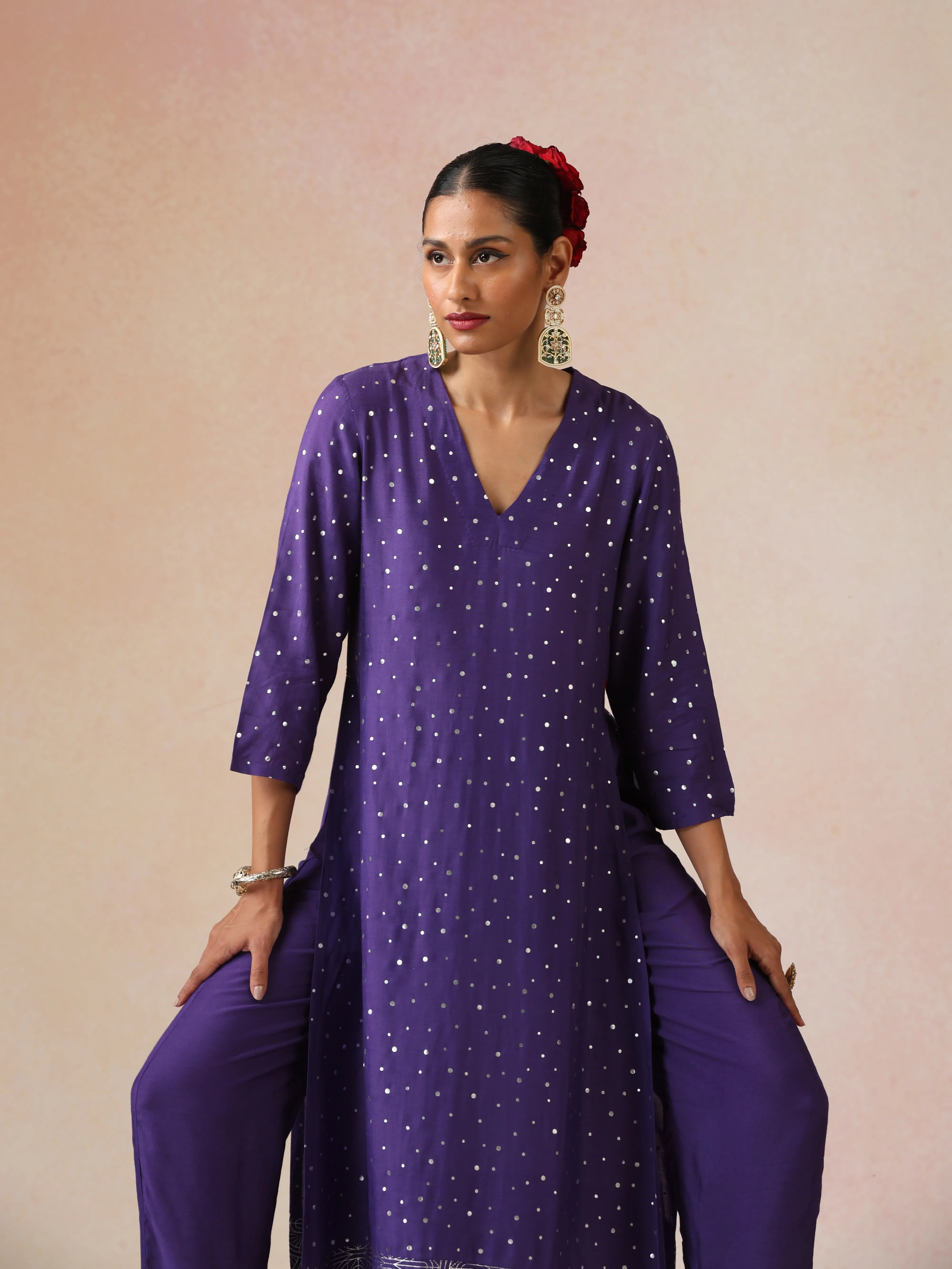 trueBrowns Purple Silver Foil Print Muslin Silk Straight High-Slit Kurta Set