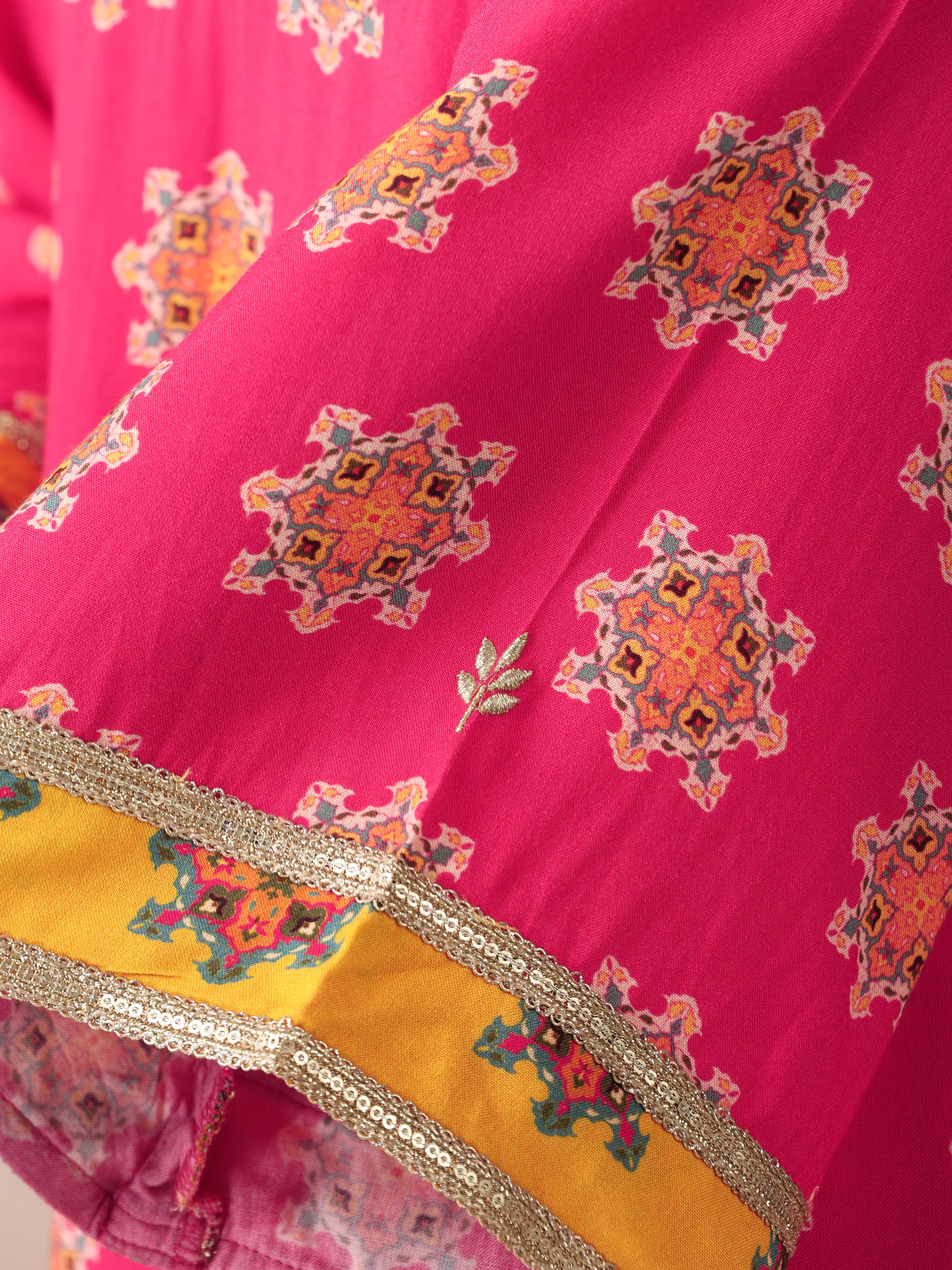 trueBrowns Pink Boota Print Viscose Straight Maxi Dress