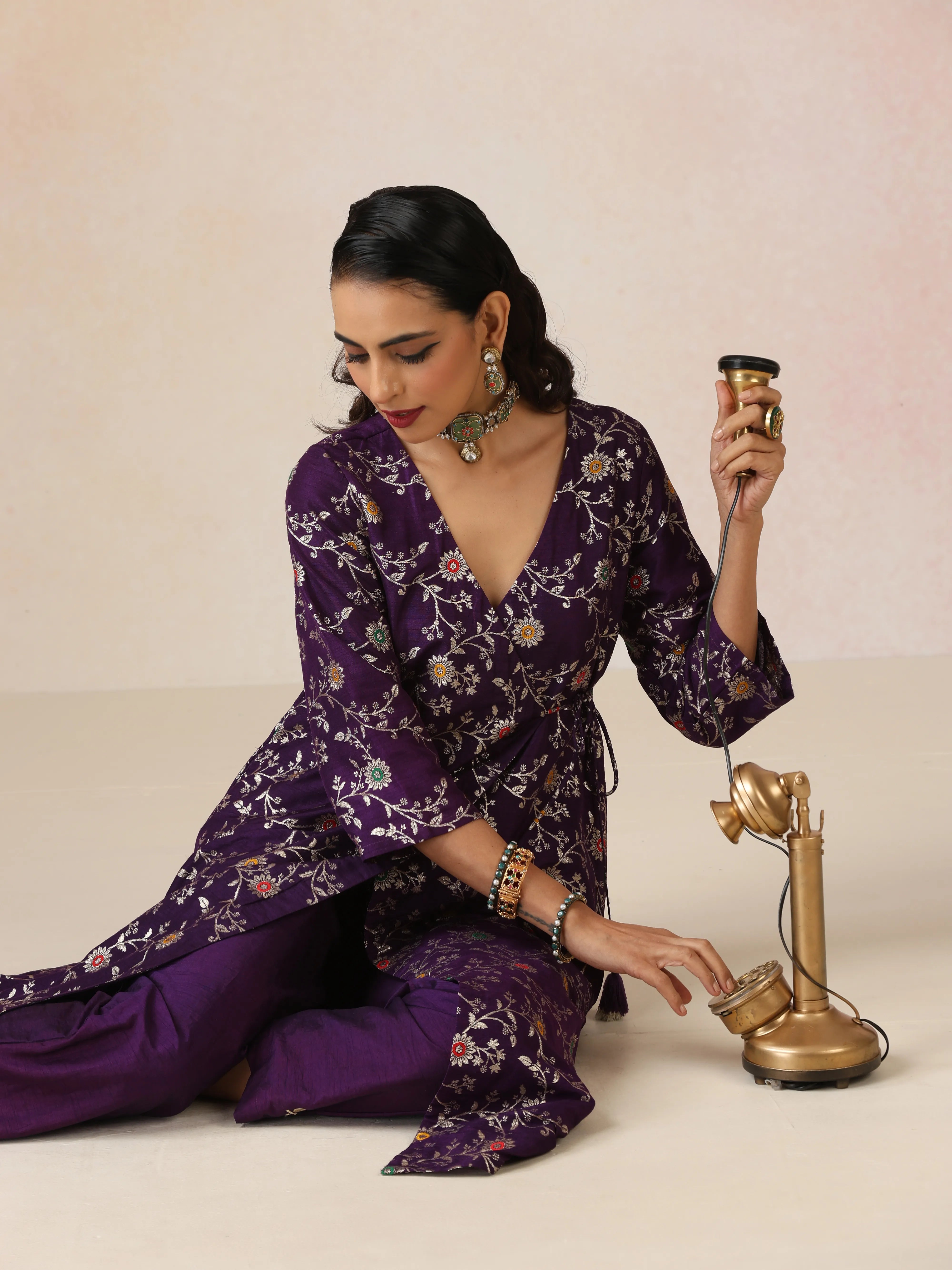 trueBrowns Purple Brocade Angrakha Kurta Set