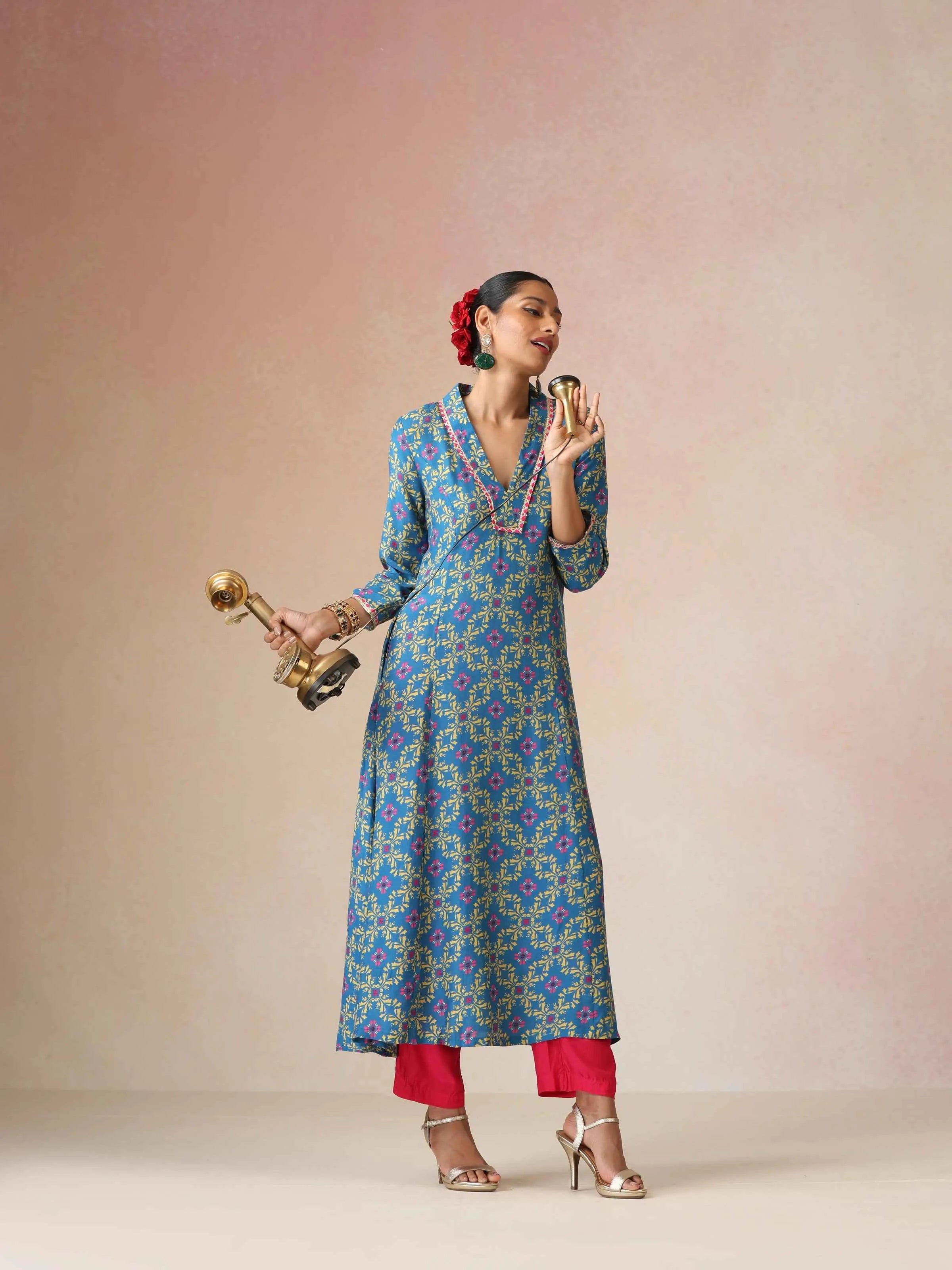 trueBrowns Blue Lime Jaal Print Viscose A-line Kurta Set