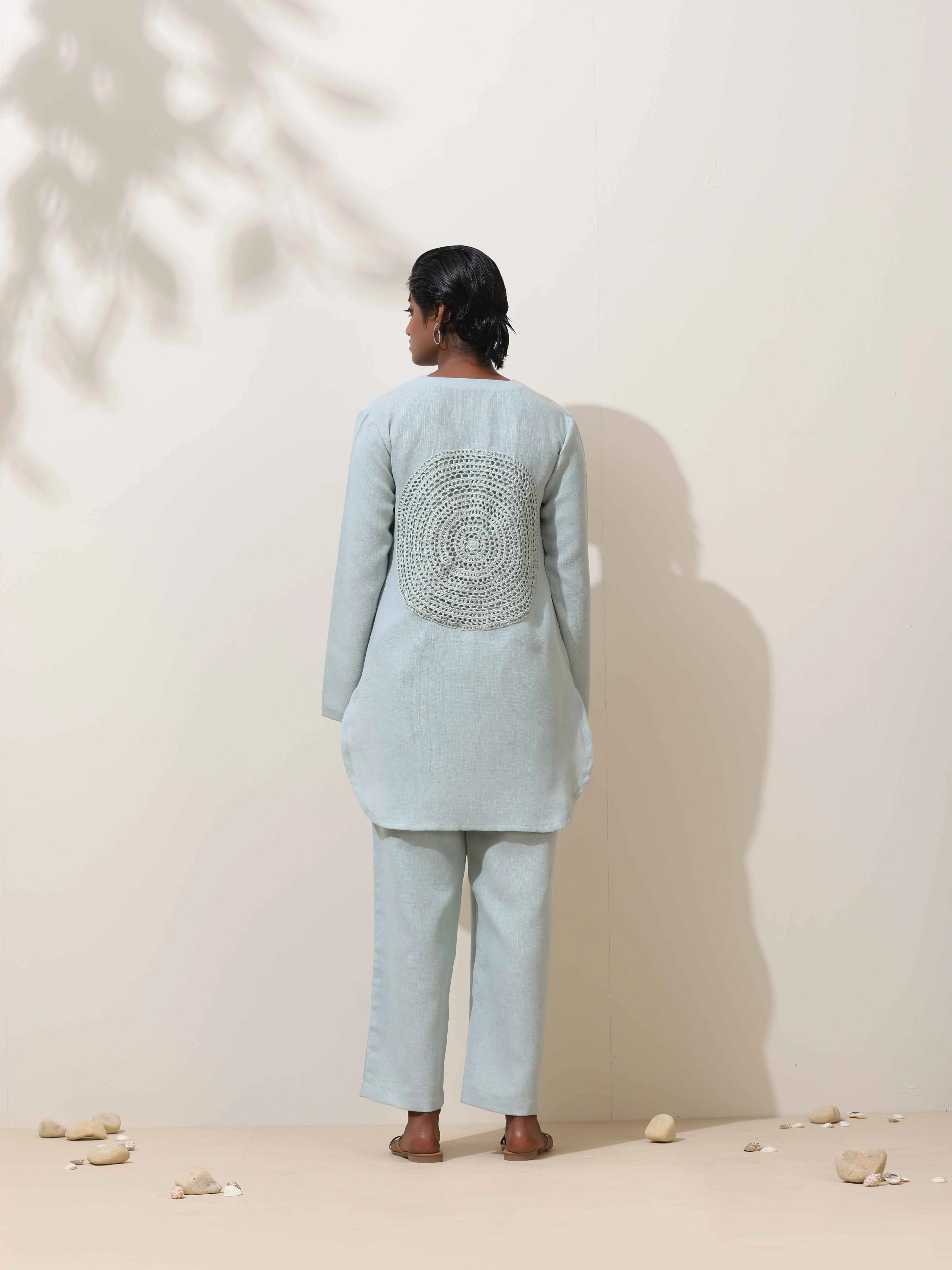 trueBrowns Ciel Blue Crochet Natural Cotton Kurta Co-ord Set