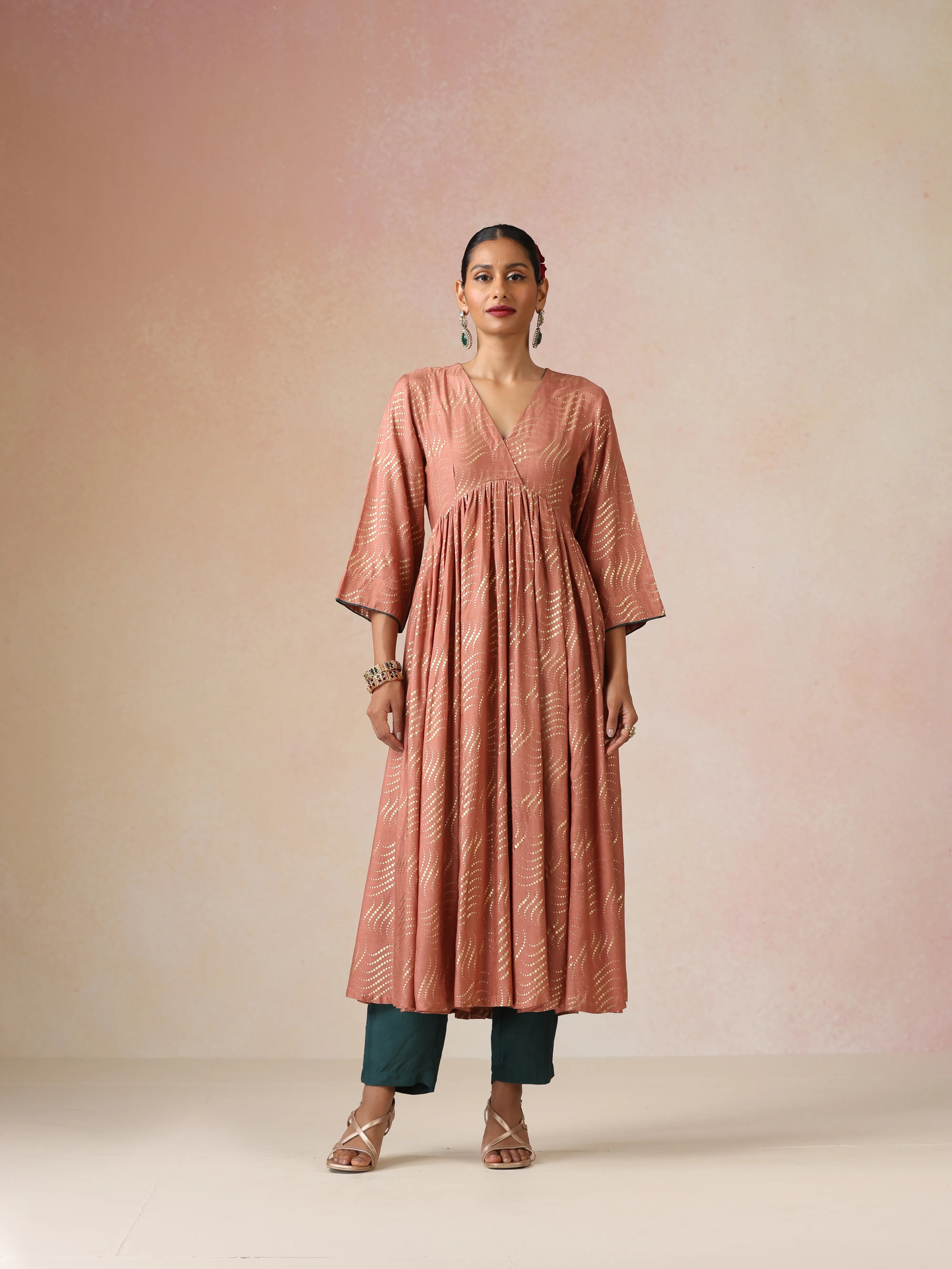 trueBrowns Peach Gold Foil Print Muslin Silk Anarkali High-Slit Kurta Set