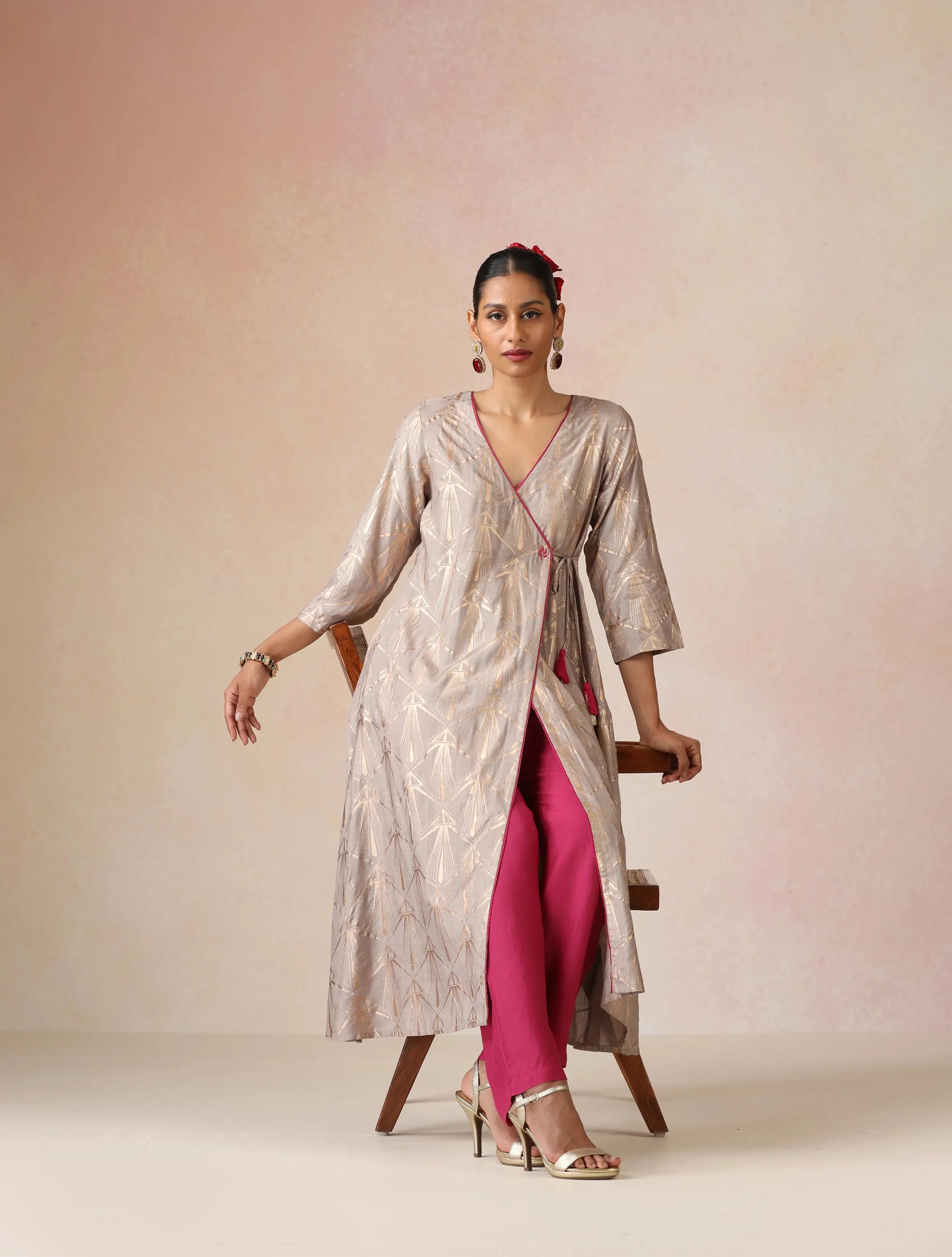 trueBrowns Grey Rose-Gold Foil Print Angrakha Kurta Set