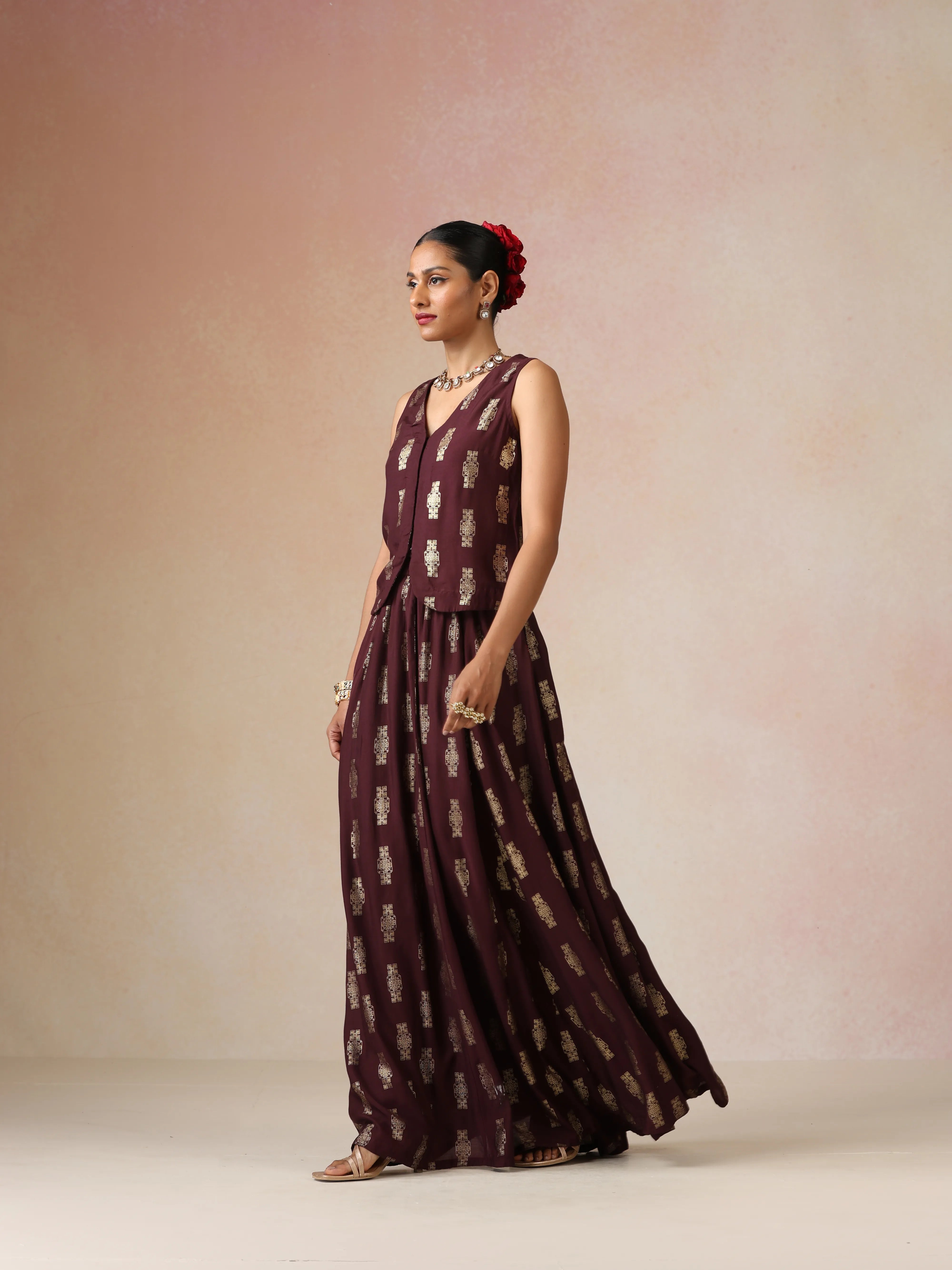 trueBrowns Cola Gold Foil Print Muslin Silk Jacket Skirt Co-ord Set