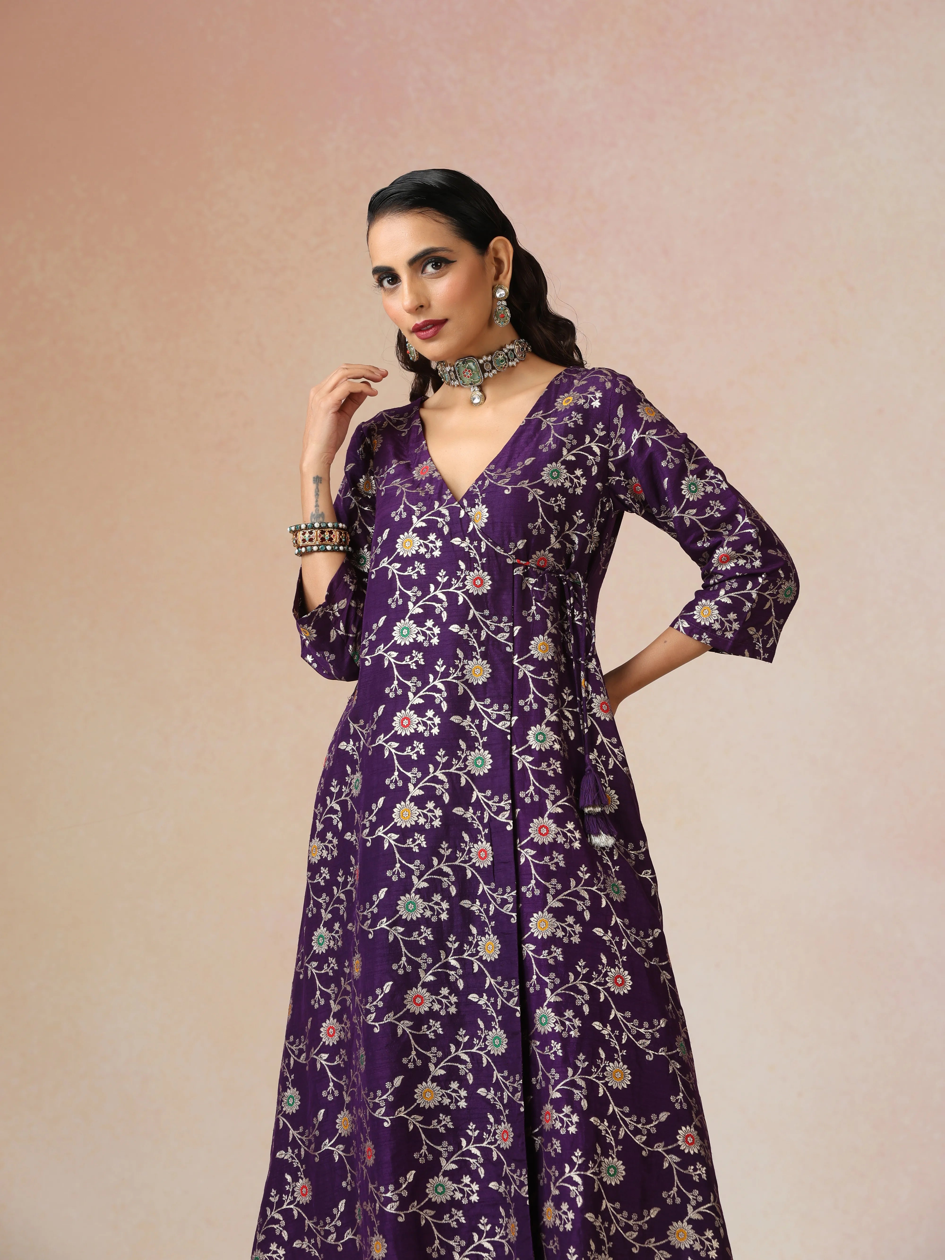 trueBrowns Purple Brocade Angrakha Kurta Set