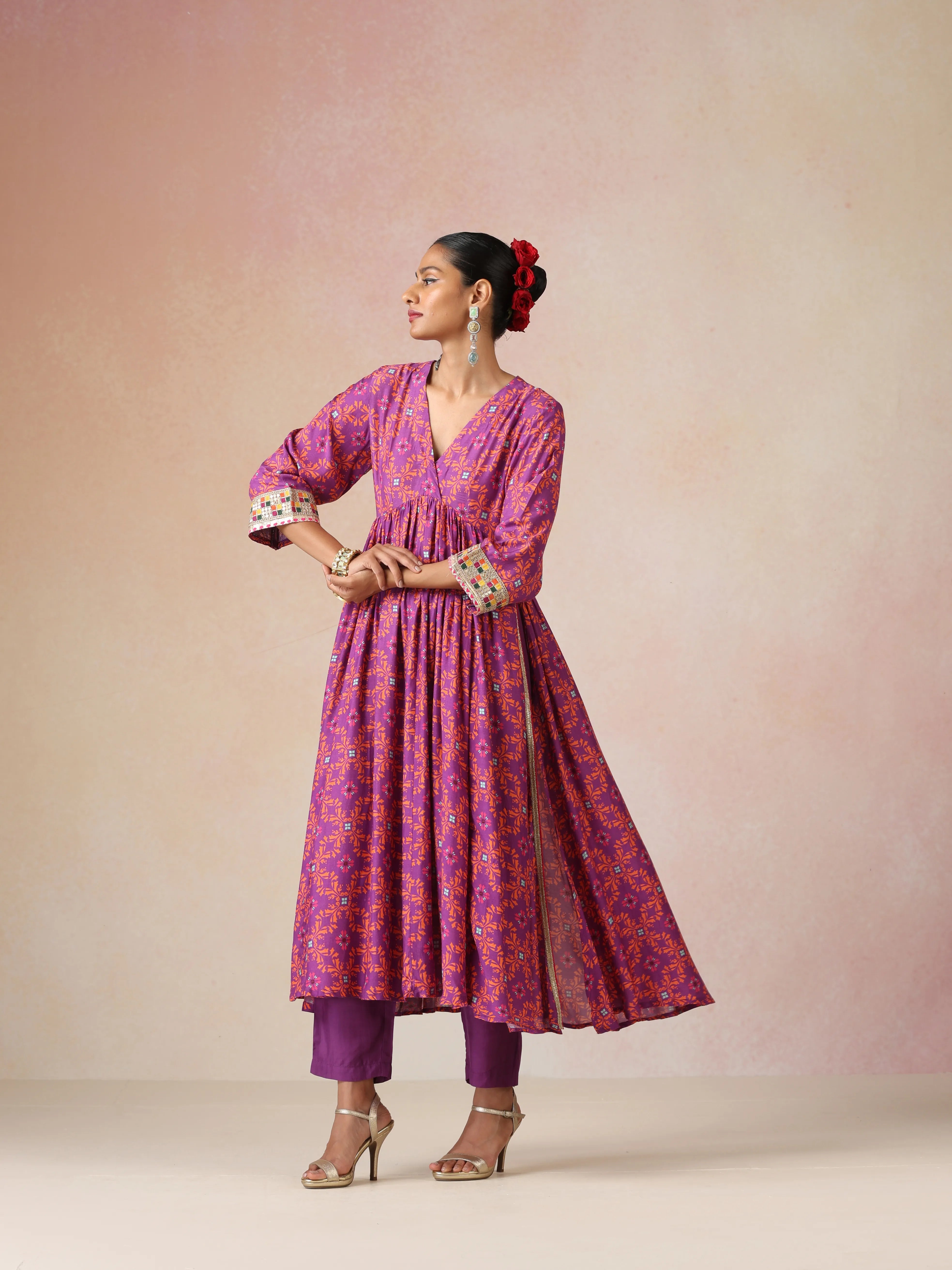 trueBrowns Purple Orange Jaal Print Viscose Anarkali High-Slit Kurta Set