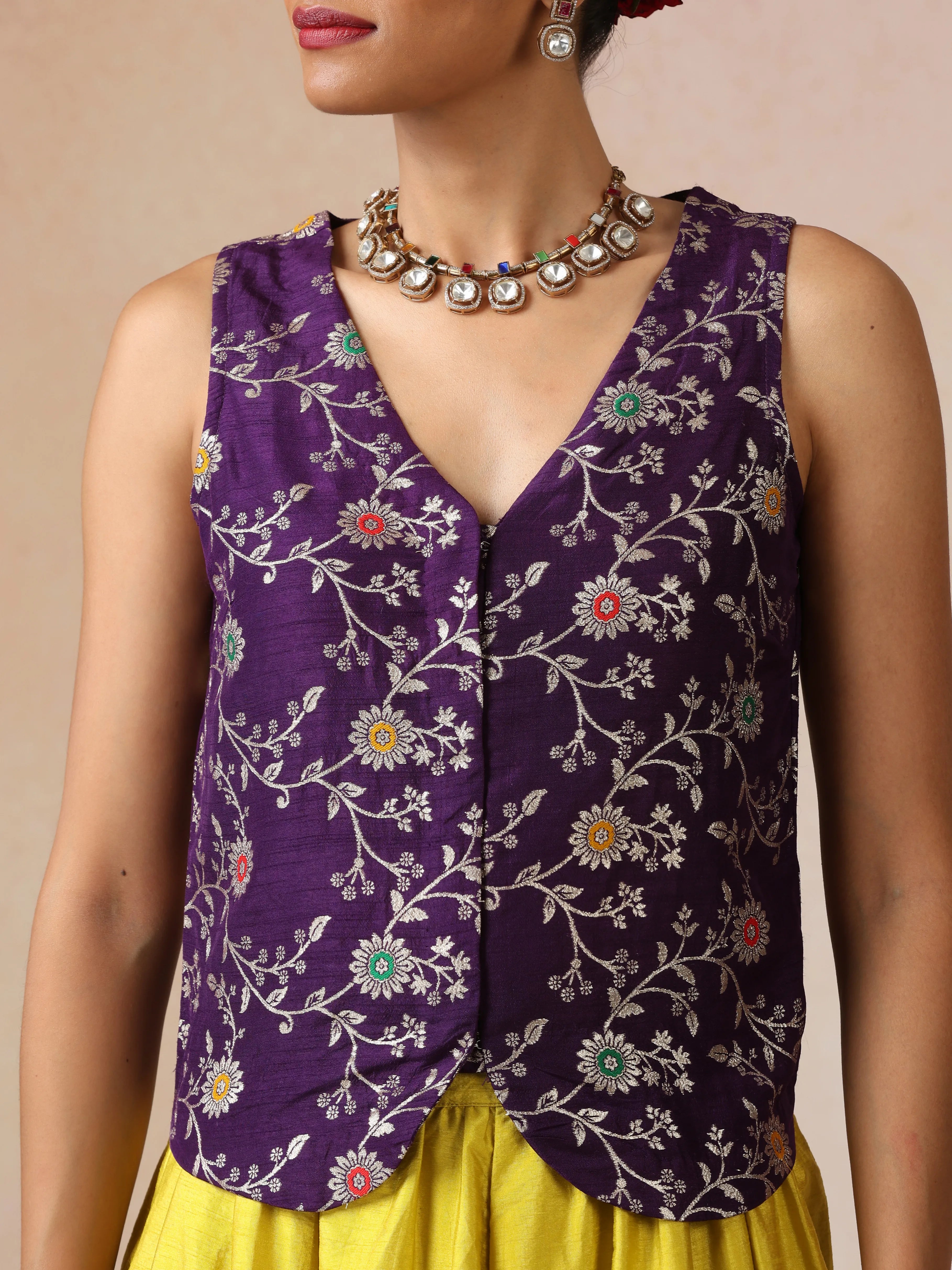 trueBrowns Purple Brocade Jacket Skirt Co-ord Set