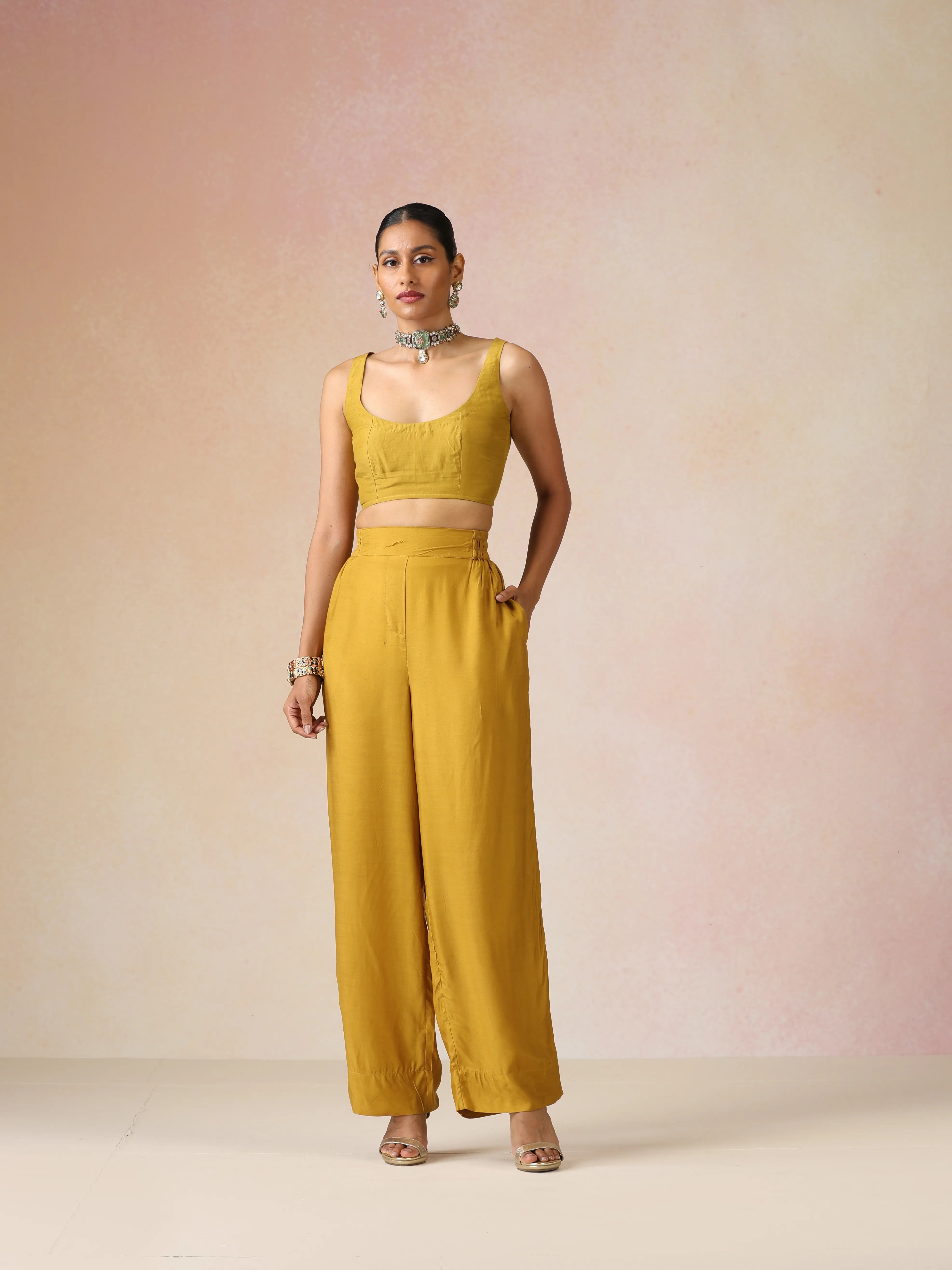 trueBrowns Mustard and Purple Gold Foil Print Muslin Silk Jacket Set