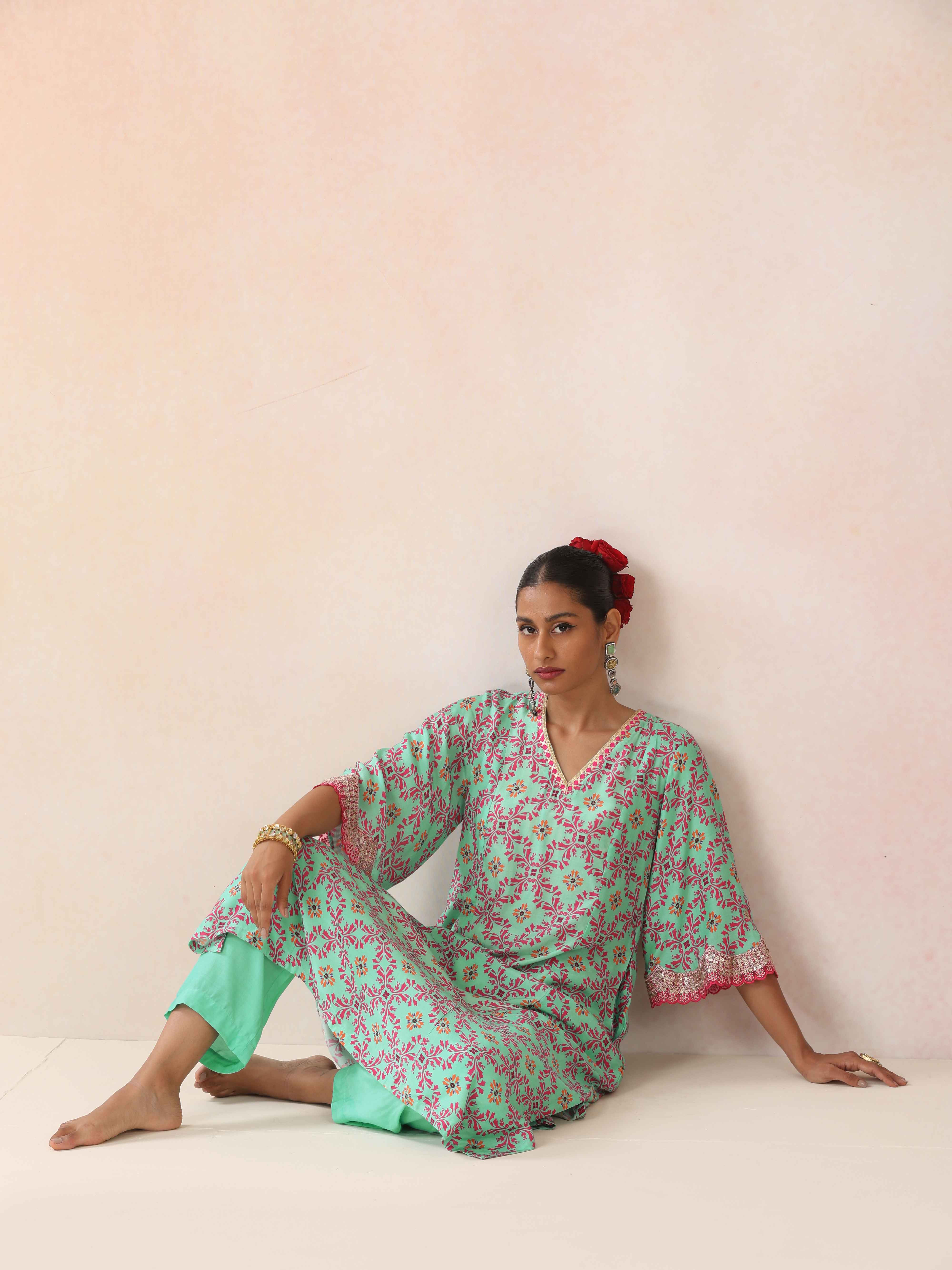 trueBrowns Mint Pink Jaal Print Viscose A-line Kurta Set