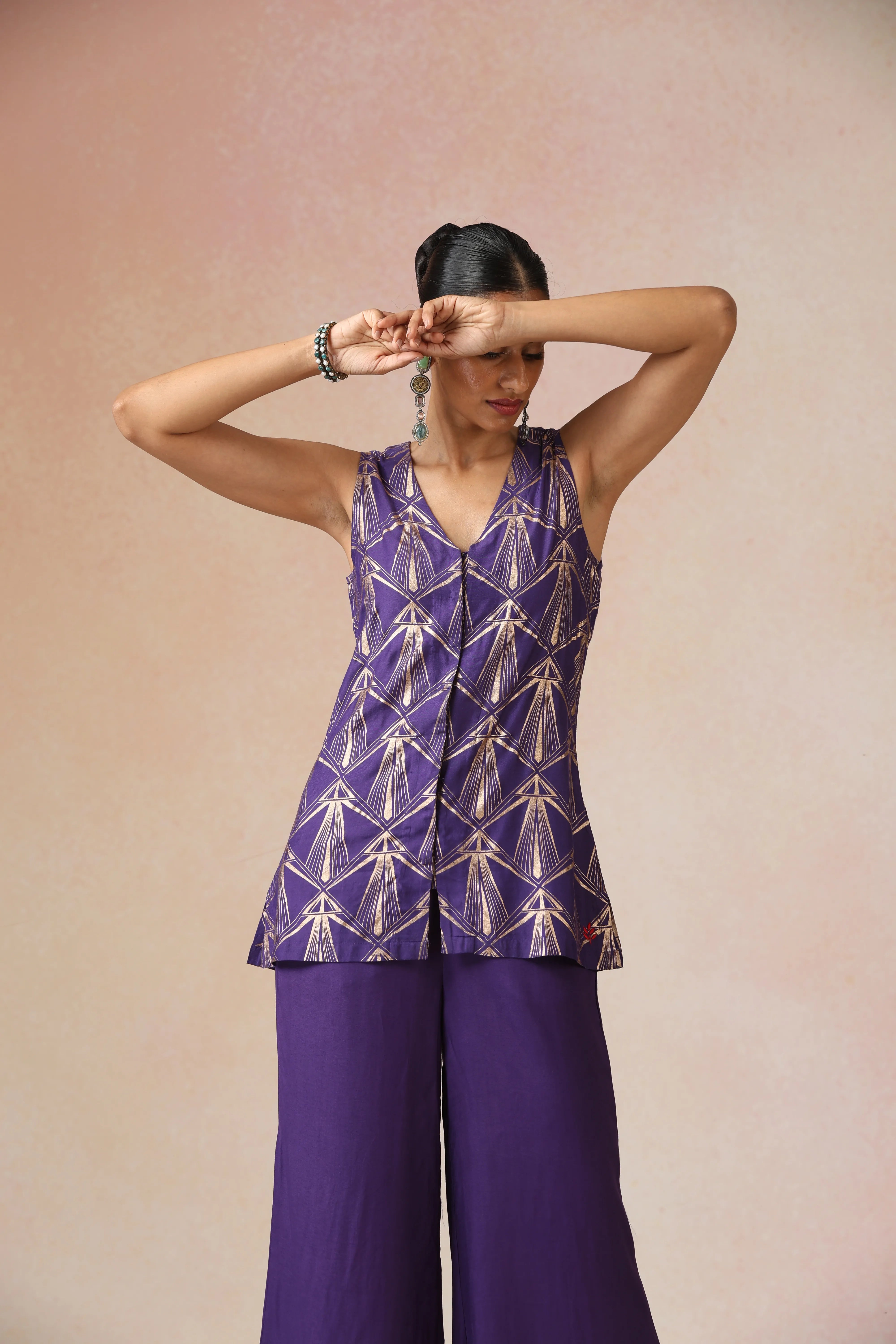 trueBrowns Purple Rose-Gold Foil Print Jacket and Flared Pants Co-ord Set