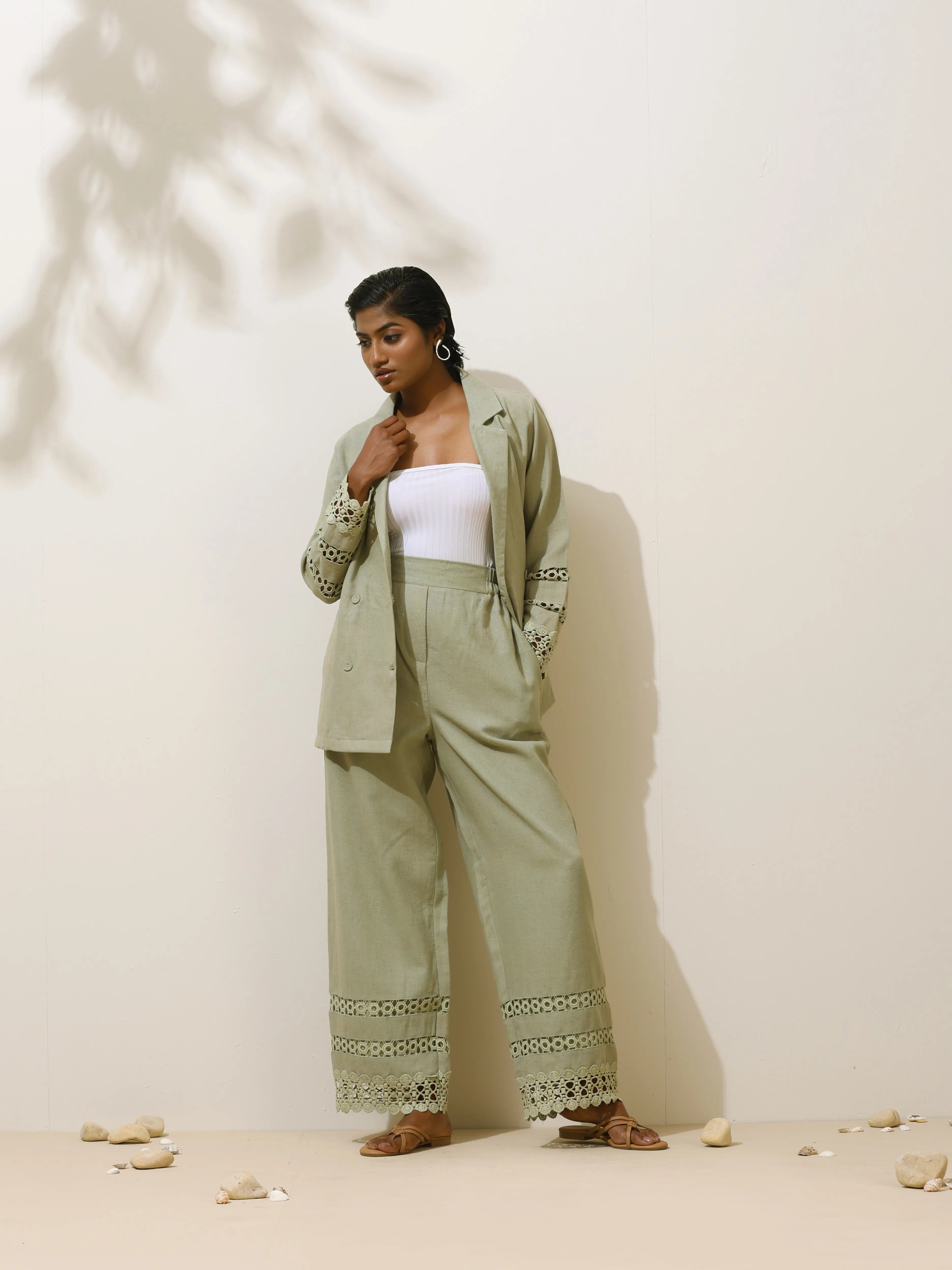 trueBrowns Matcha Green Crochet Natural Cotton Blazer Co-ord Set