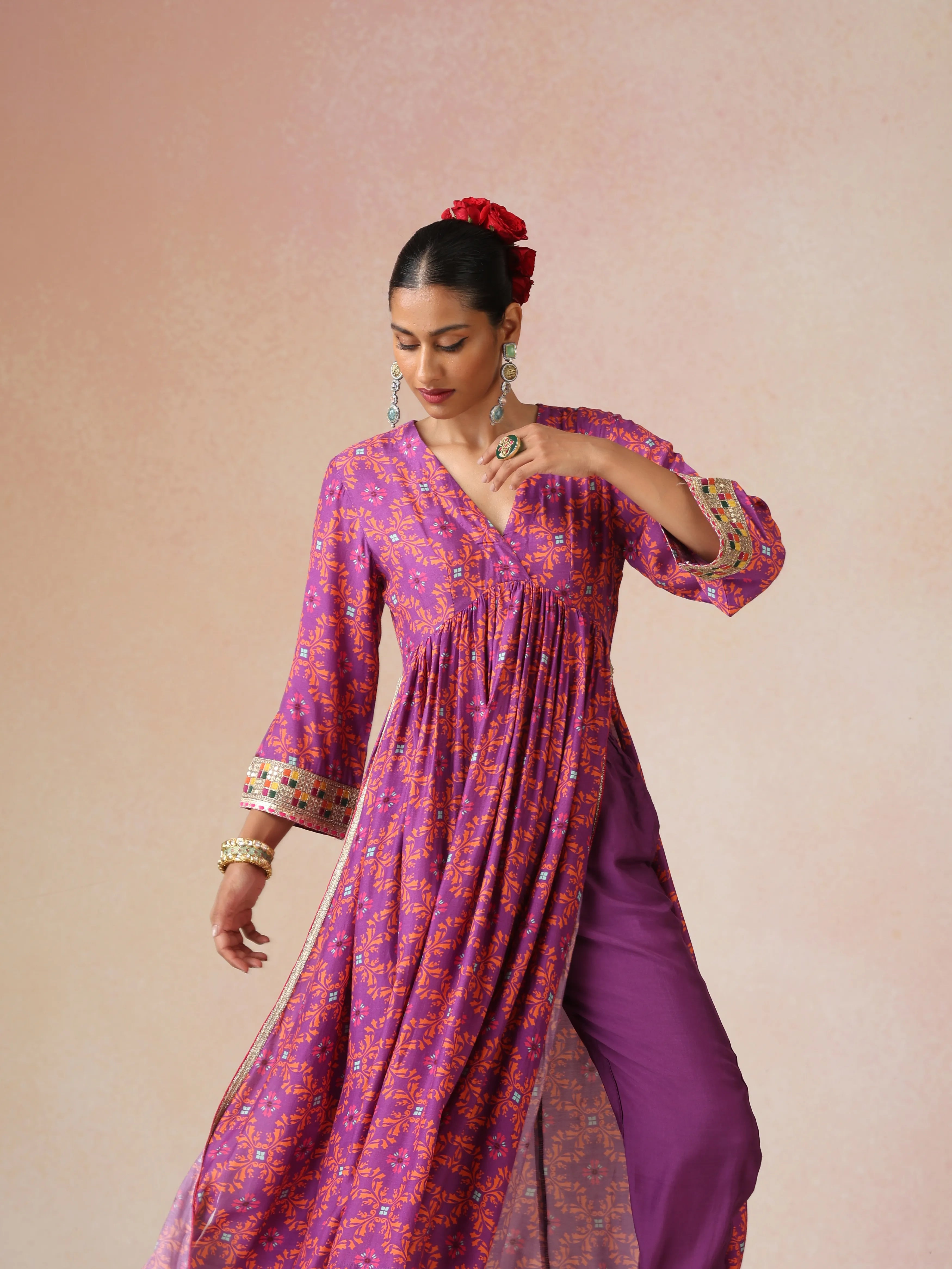 trueBrowns Purple Orange Jaal Print Viscose Anarkali High-Slit Kurta Set