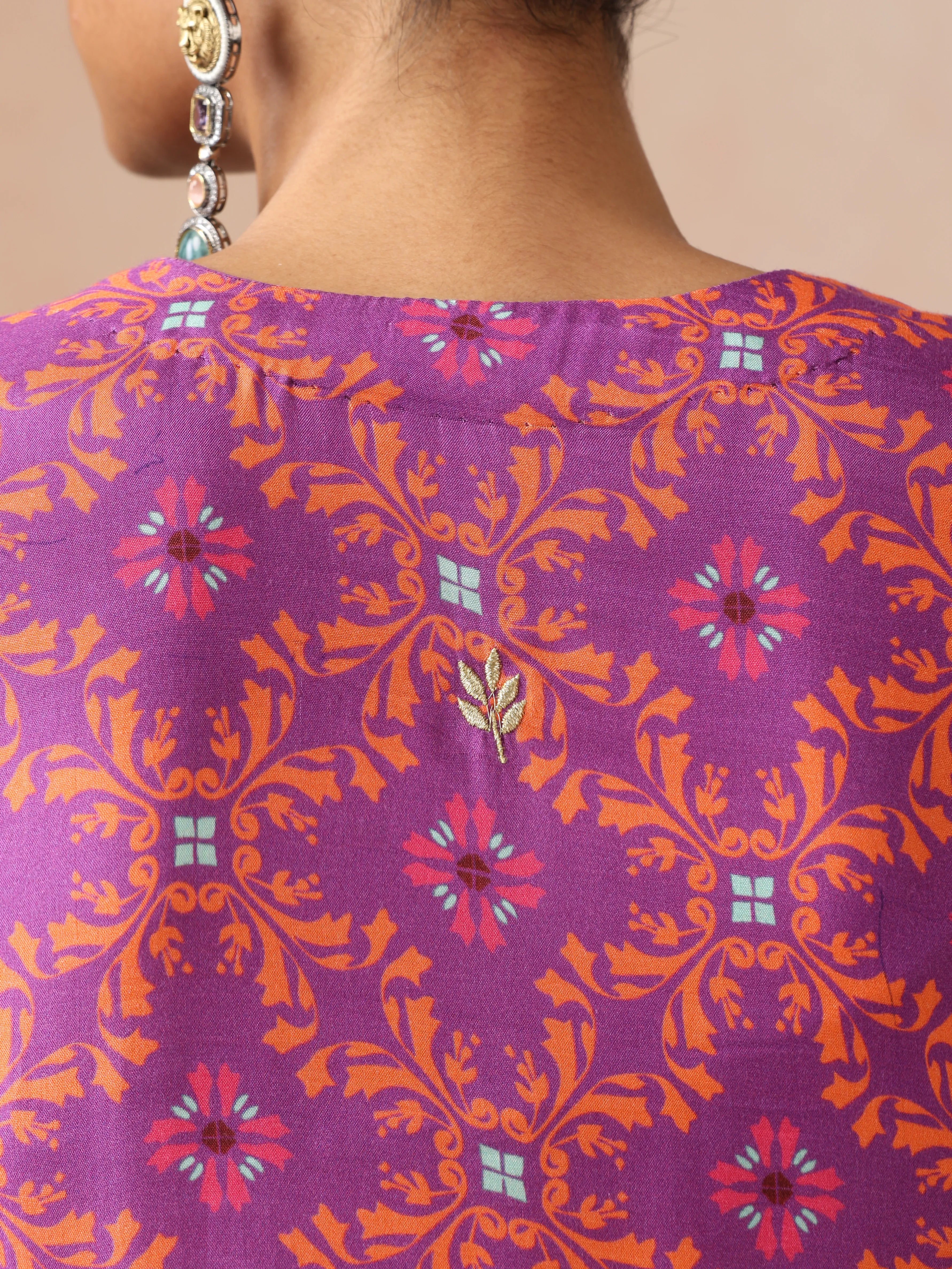 trueBrowns Purple Orange Jaal Print Viscose Anarkali High-Slit Kurta Set