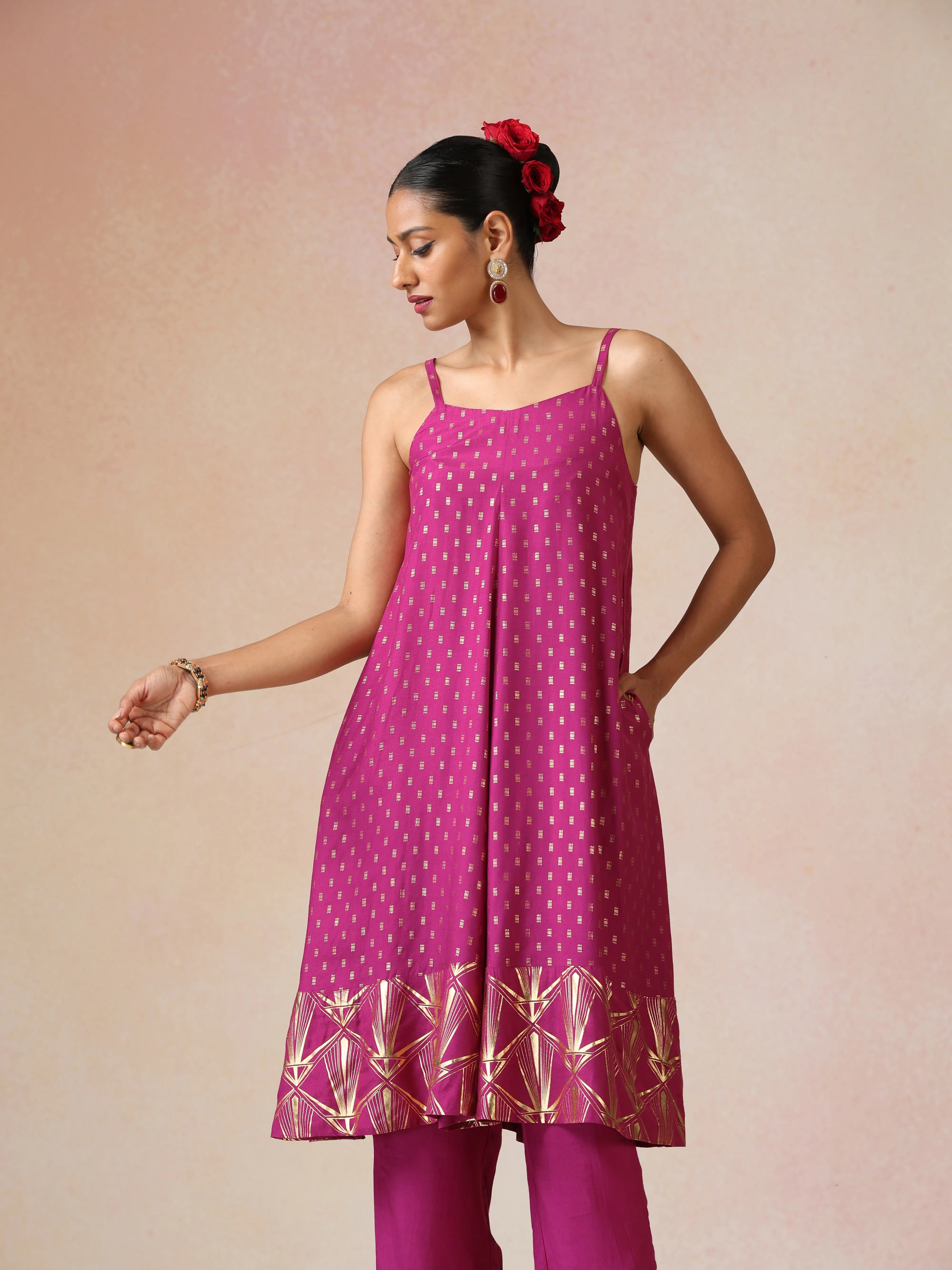 trueBrowns Pink Gold Foil Print Muslin Silk Flared Kurta Set