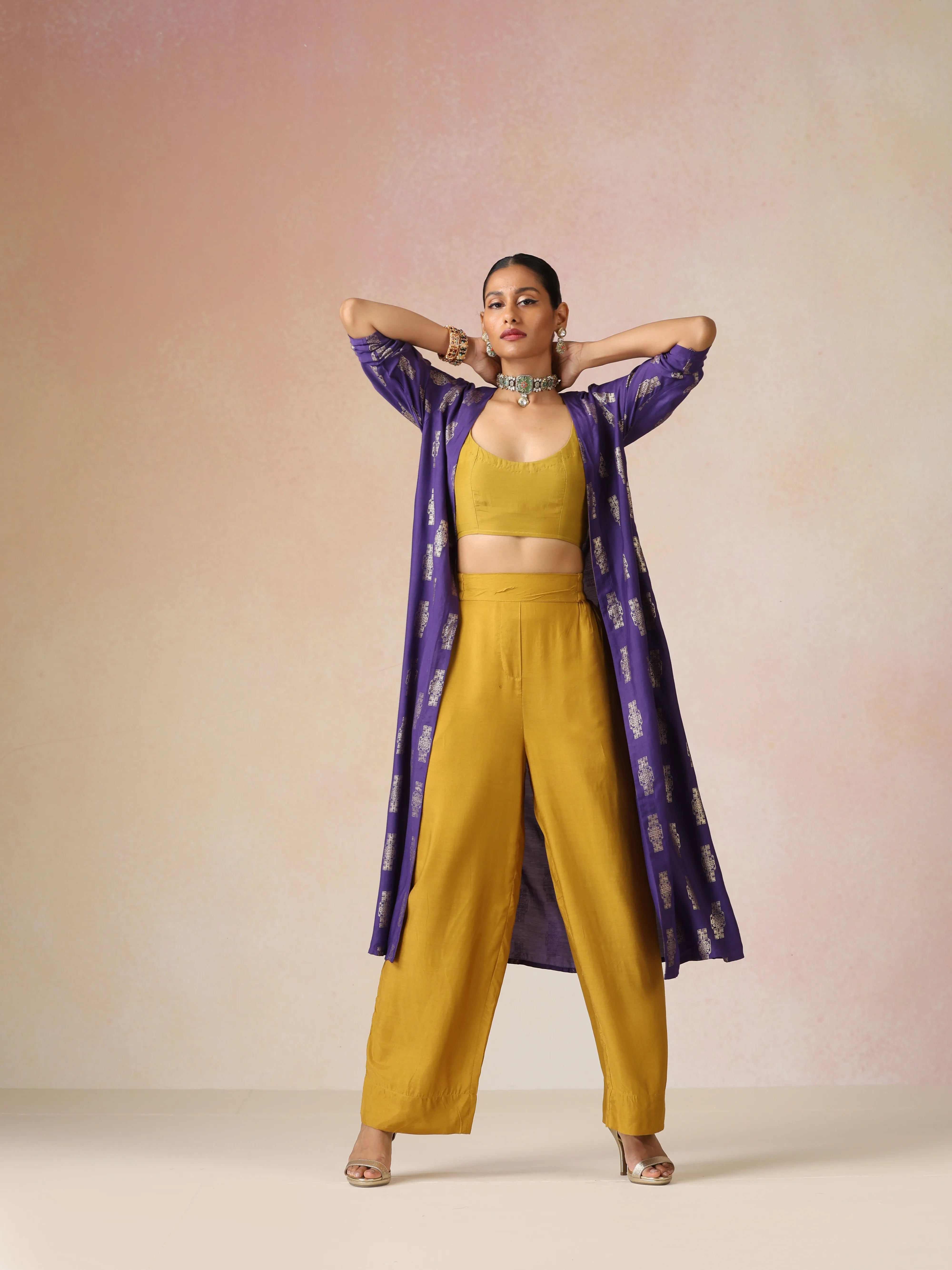 trueBrowns Mustard and Purple Gold Foil Print Muslin Silk Jacket Set