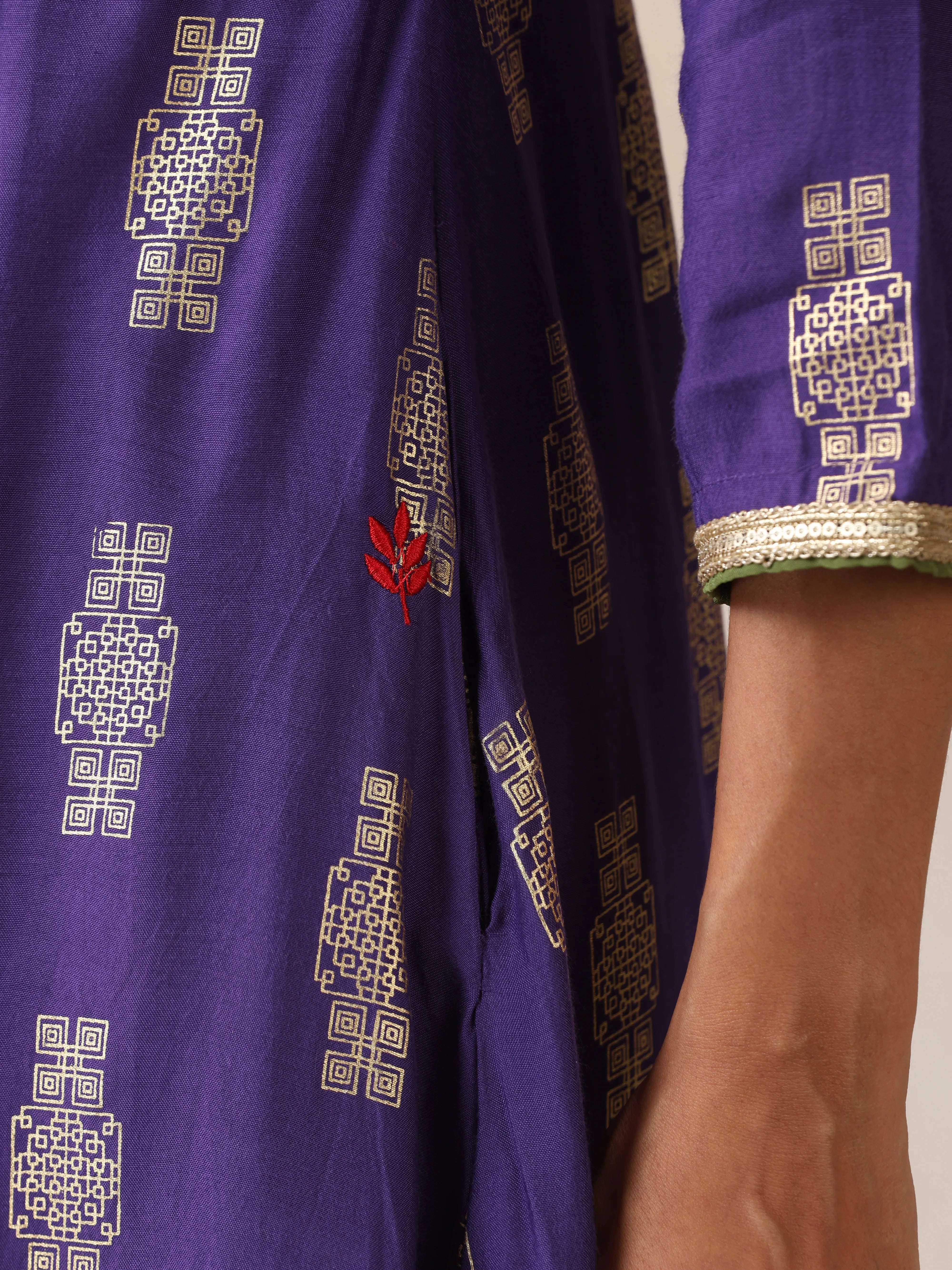 trueBrowns Purple Gold Foil Print Muslin Silk Anarkali Kurta Pants Dupatta Set