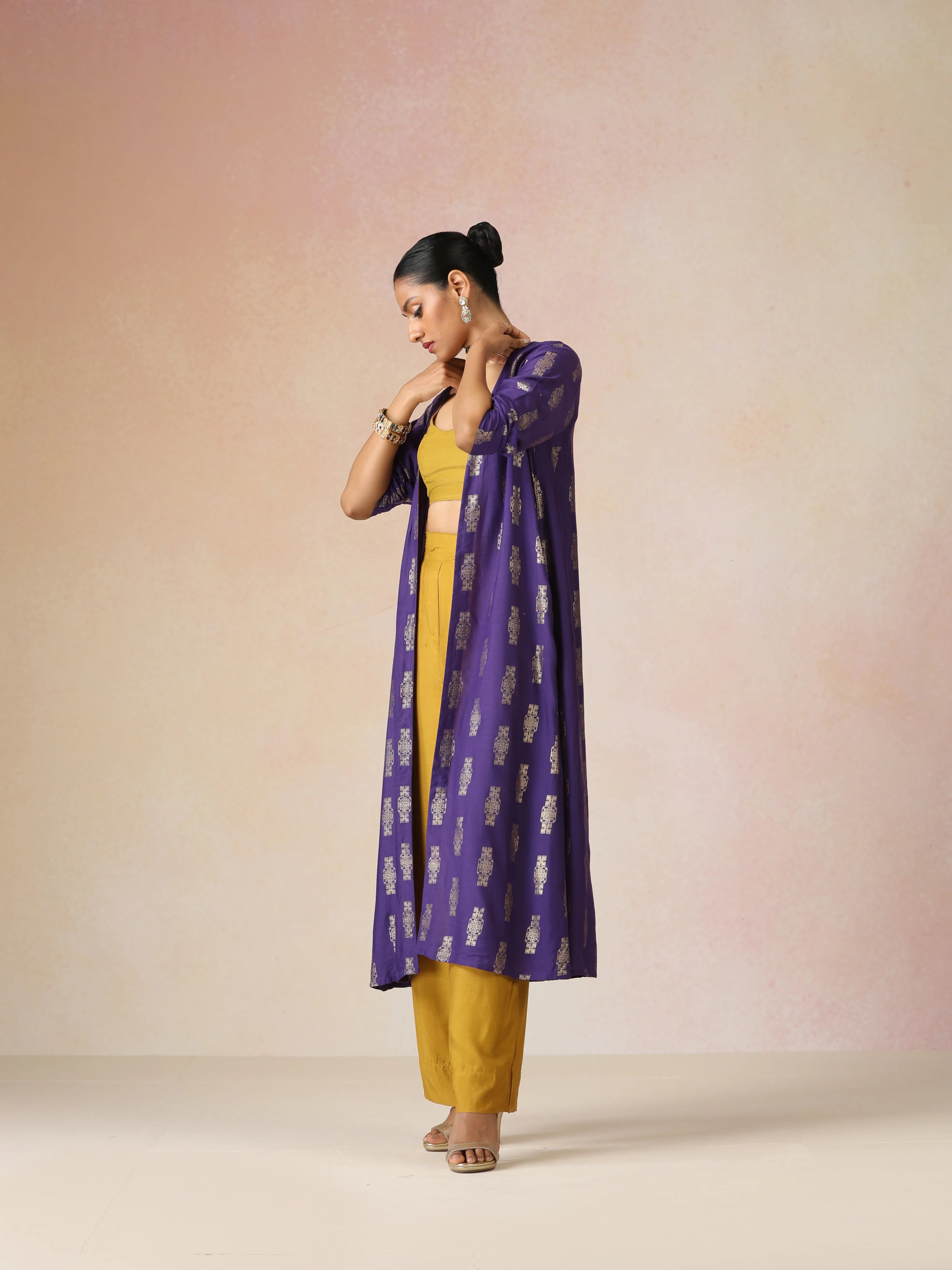trueBrowns Mustard and Purple Gold Foil Print Muslin Silk Jacket Set