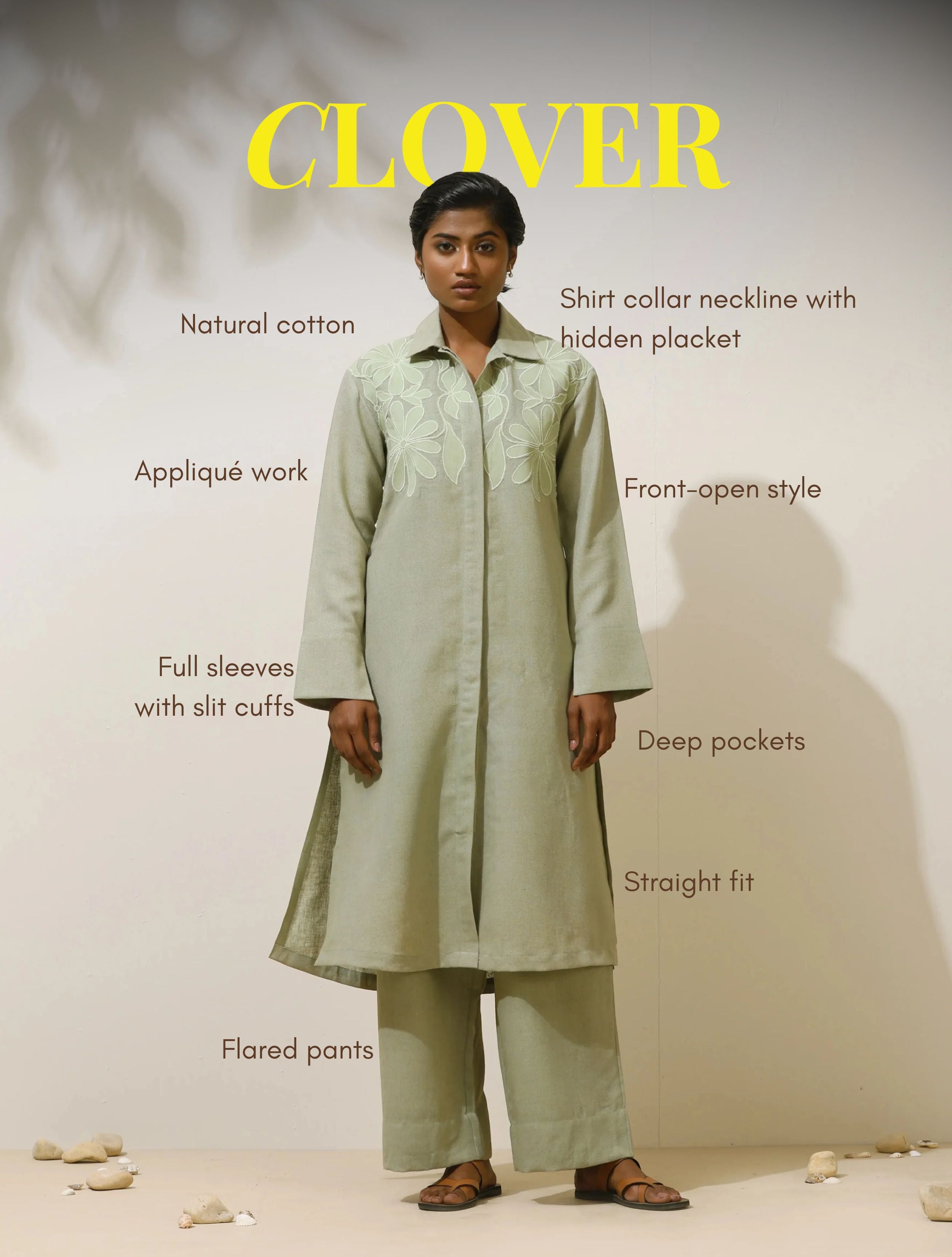trueBrowns Clover Green Embroidered Natural Cotton Kurta Pant Set