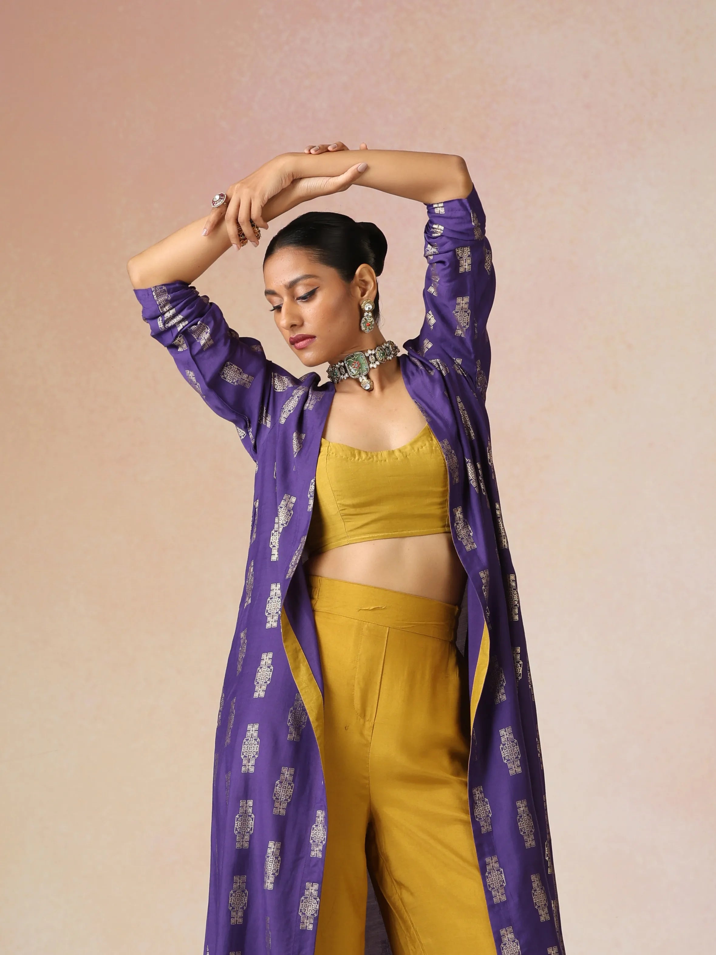 trueBrowns Mustard and Purple Gold Foil Print Muslin Silk Jacket Set