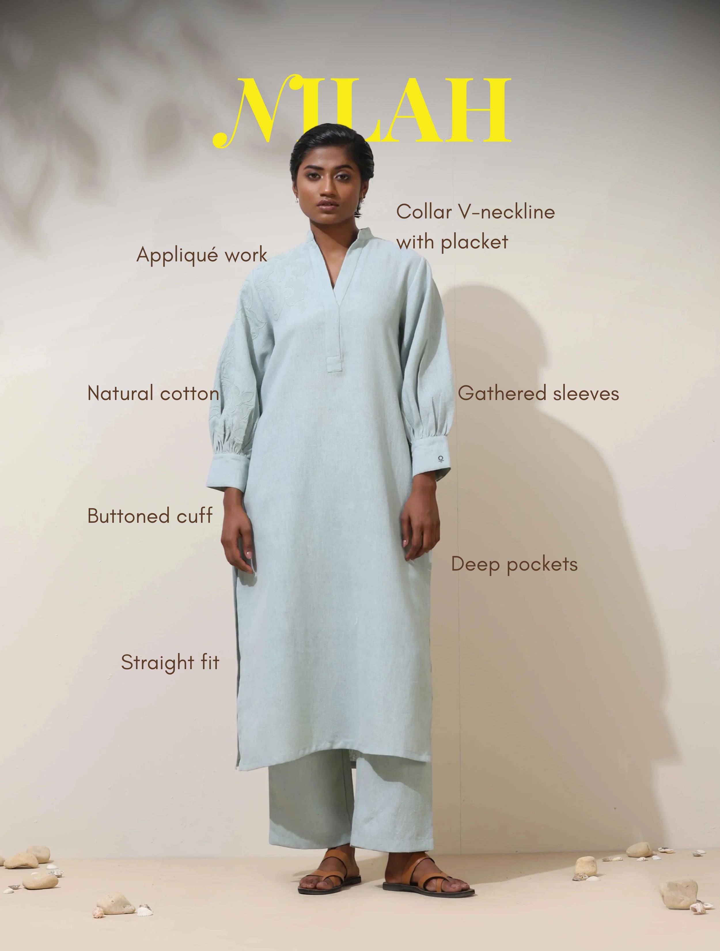 trueBrowns Nilah Blue Embroidered Natural Cotton Kurta Pant Set