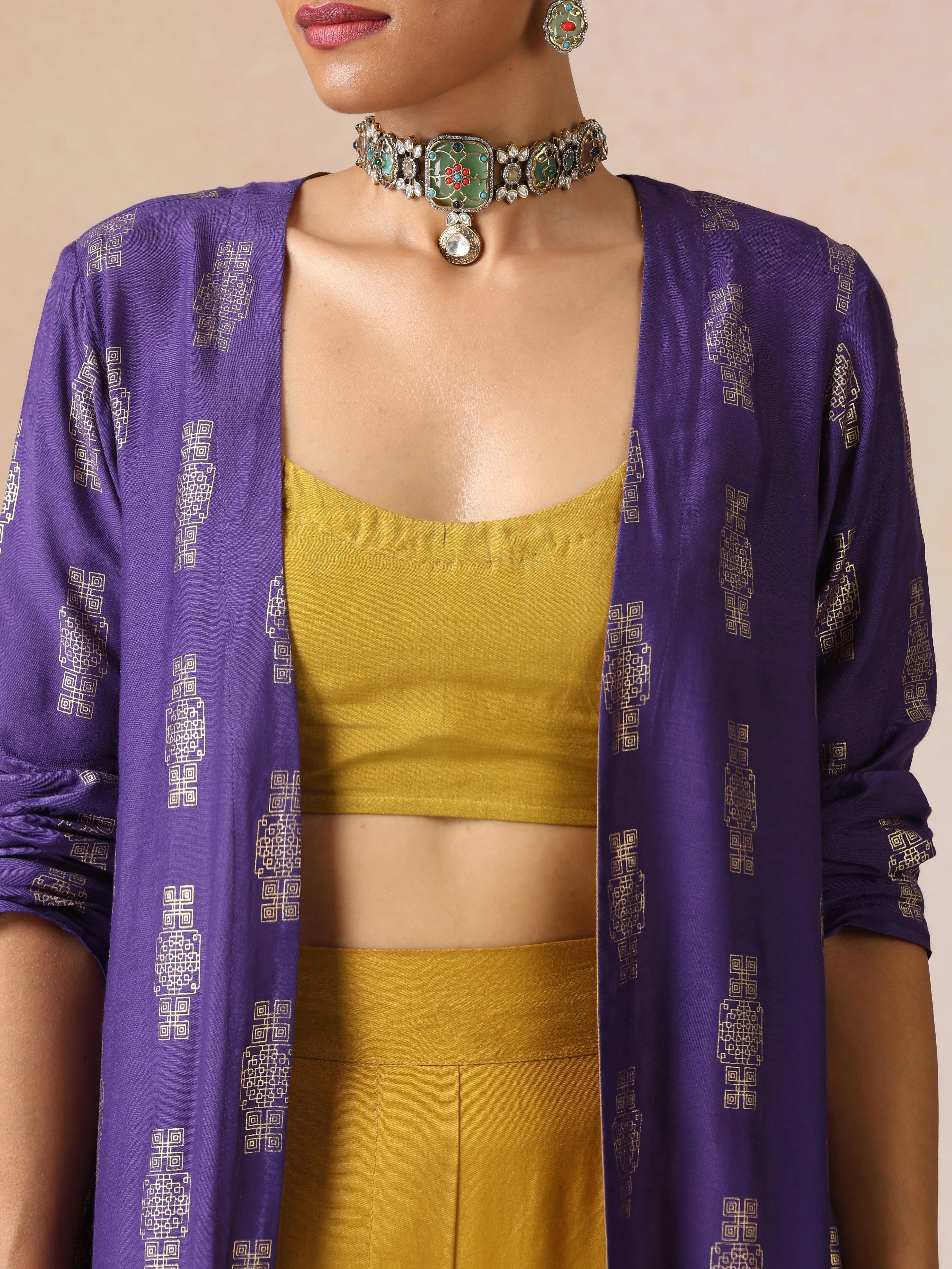 trueBrowns Mustard and Purple Gold Foil Print Muslin Silk Jacket Set