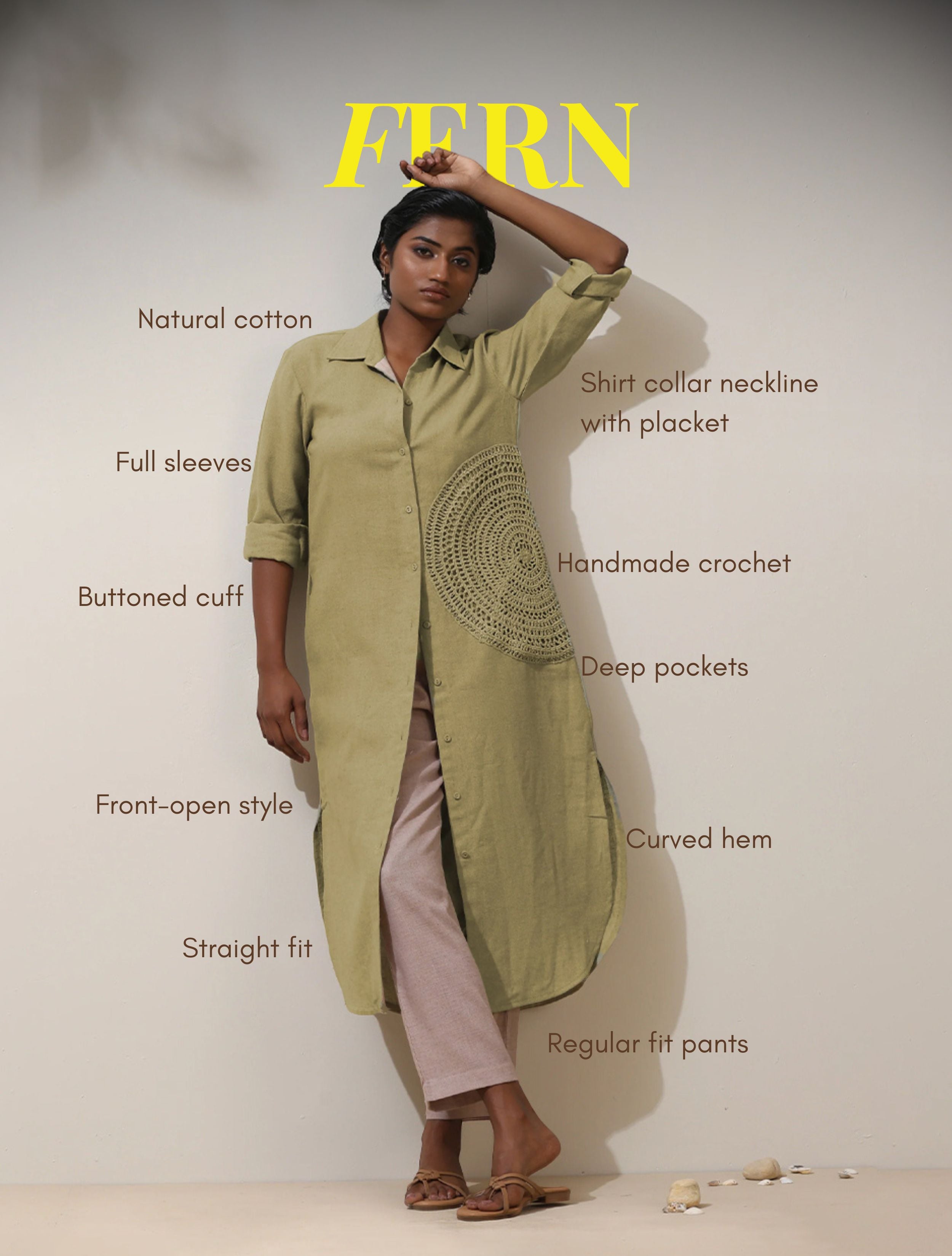 trueBrowns Fern Green Crochet Natural Cotton Kurta Pant Set